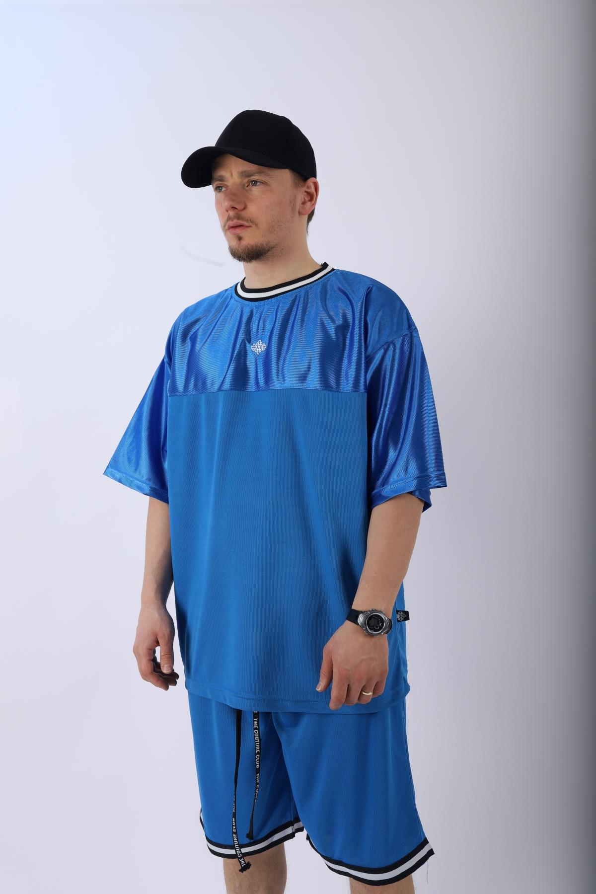 Şeritli Mavi Oversize Şort Tshirt Takım TKM137