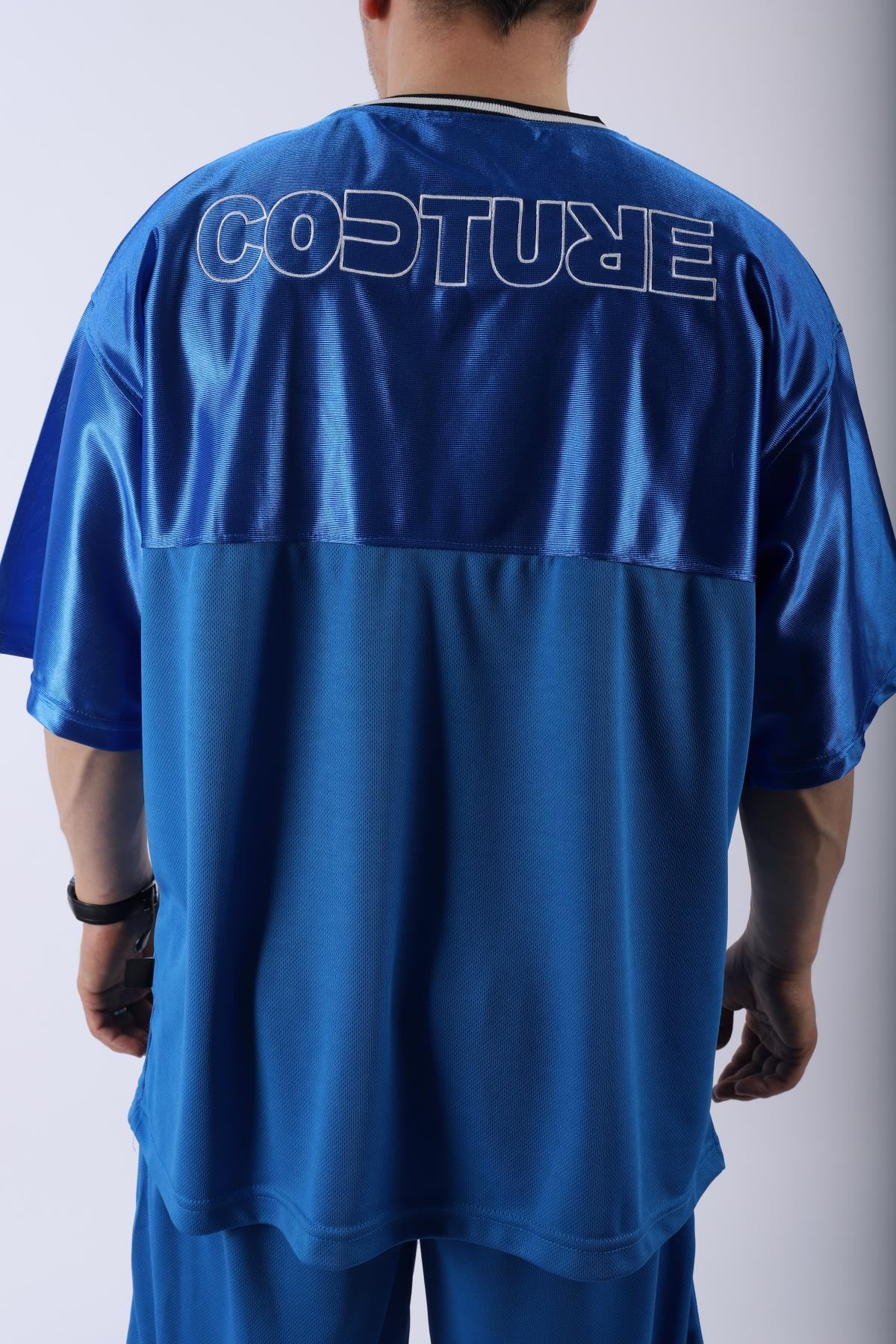 Şeritli Mavi Oversize Şort Tshirt Takım TKM137