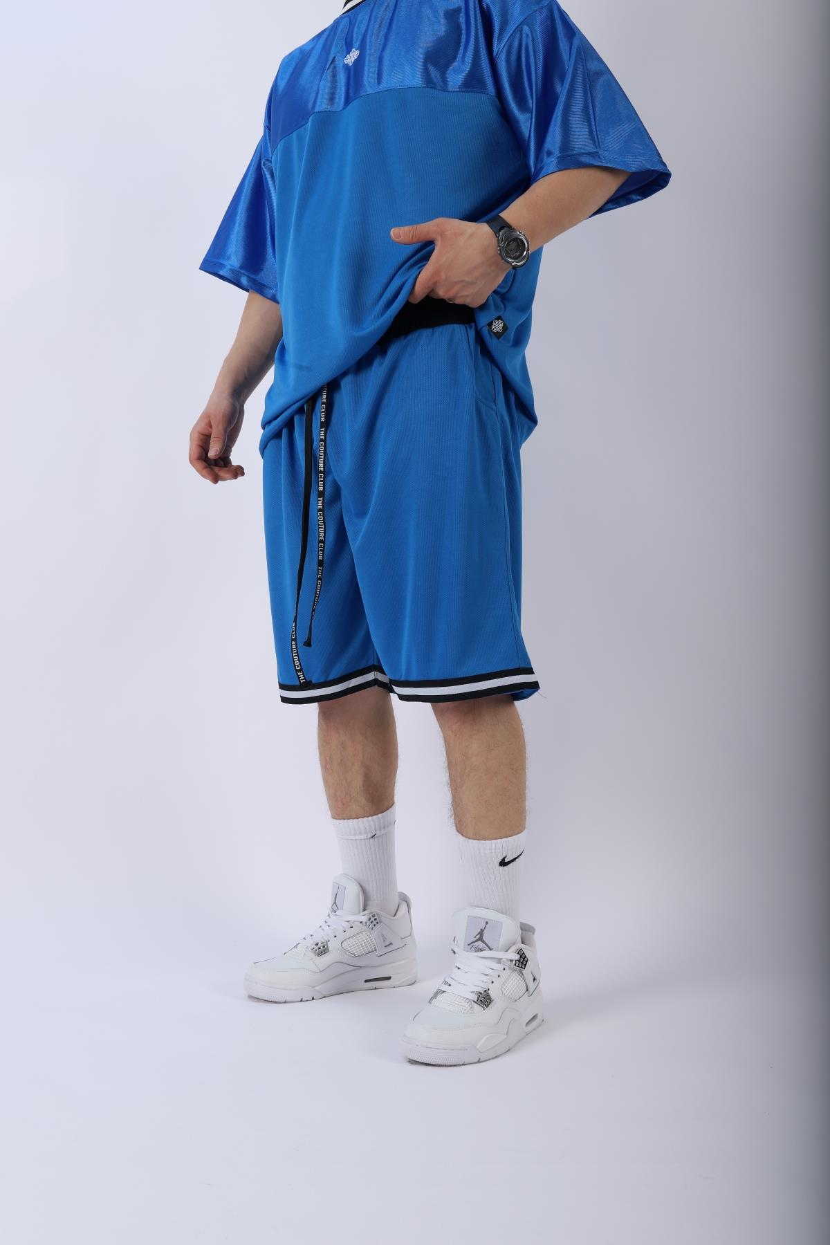 Şeritli Mavi Oversize Şort Tshirt Takım TKM137