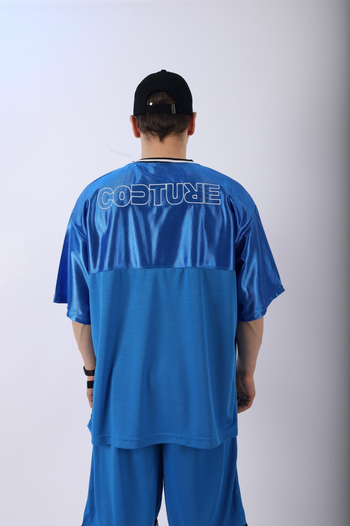 Şeritli Mavi Oversize Şort Tshirt Takım TKM137