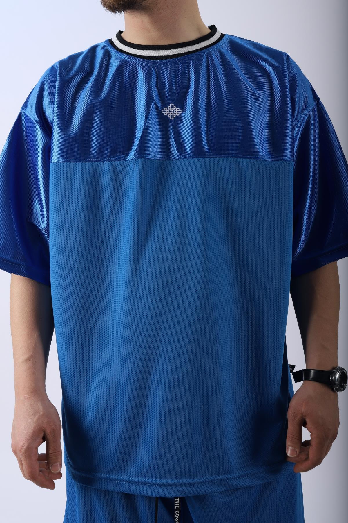 Şeritli Mavi Oversize Şort Tshirt Takım TKM137