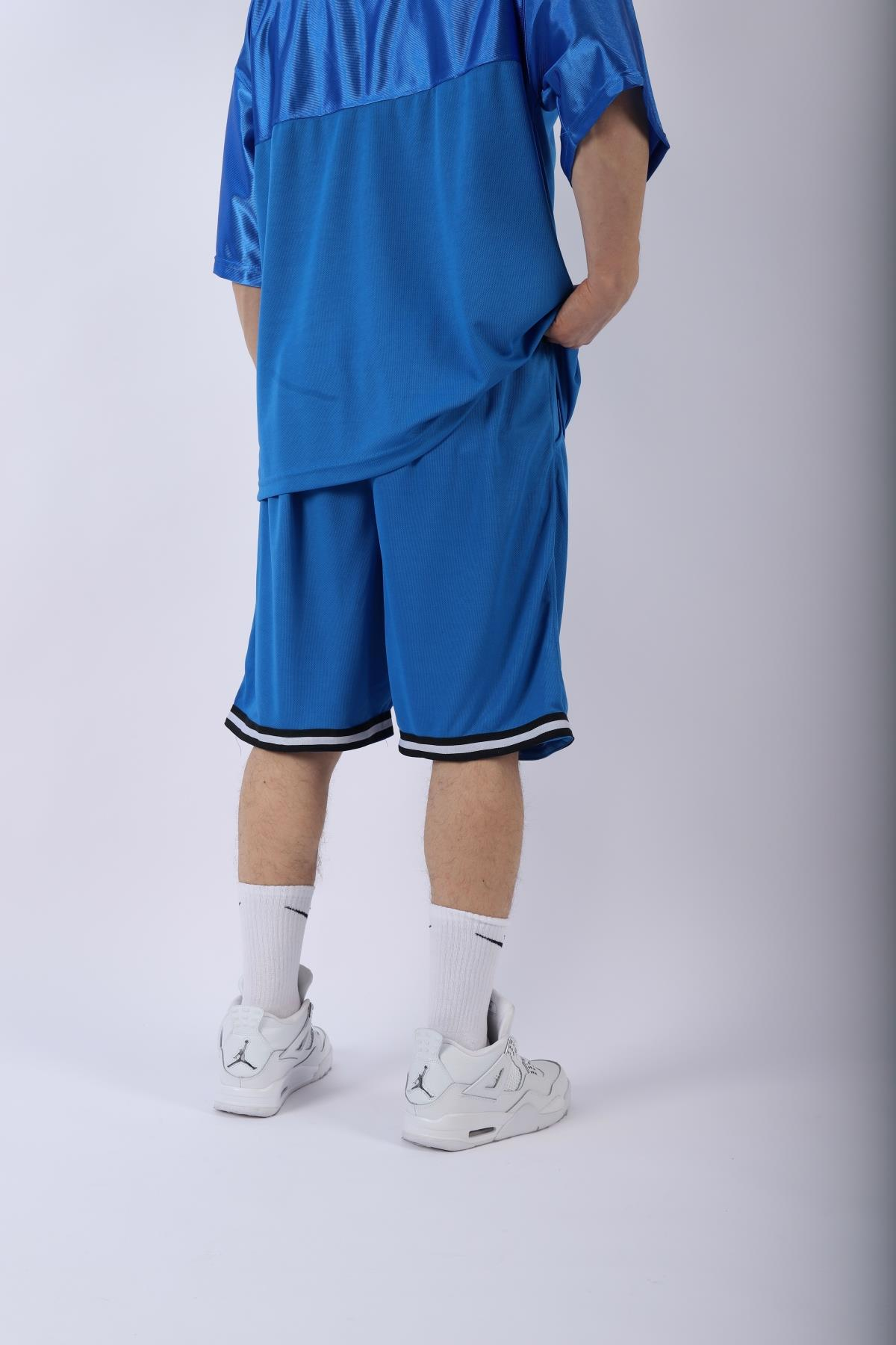 Şeritli Mavi Oversize Şort Tshirt Takım TKM137