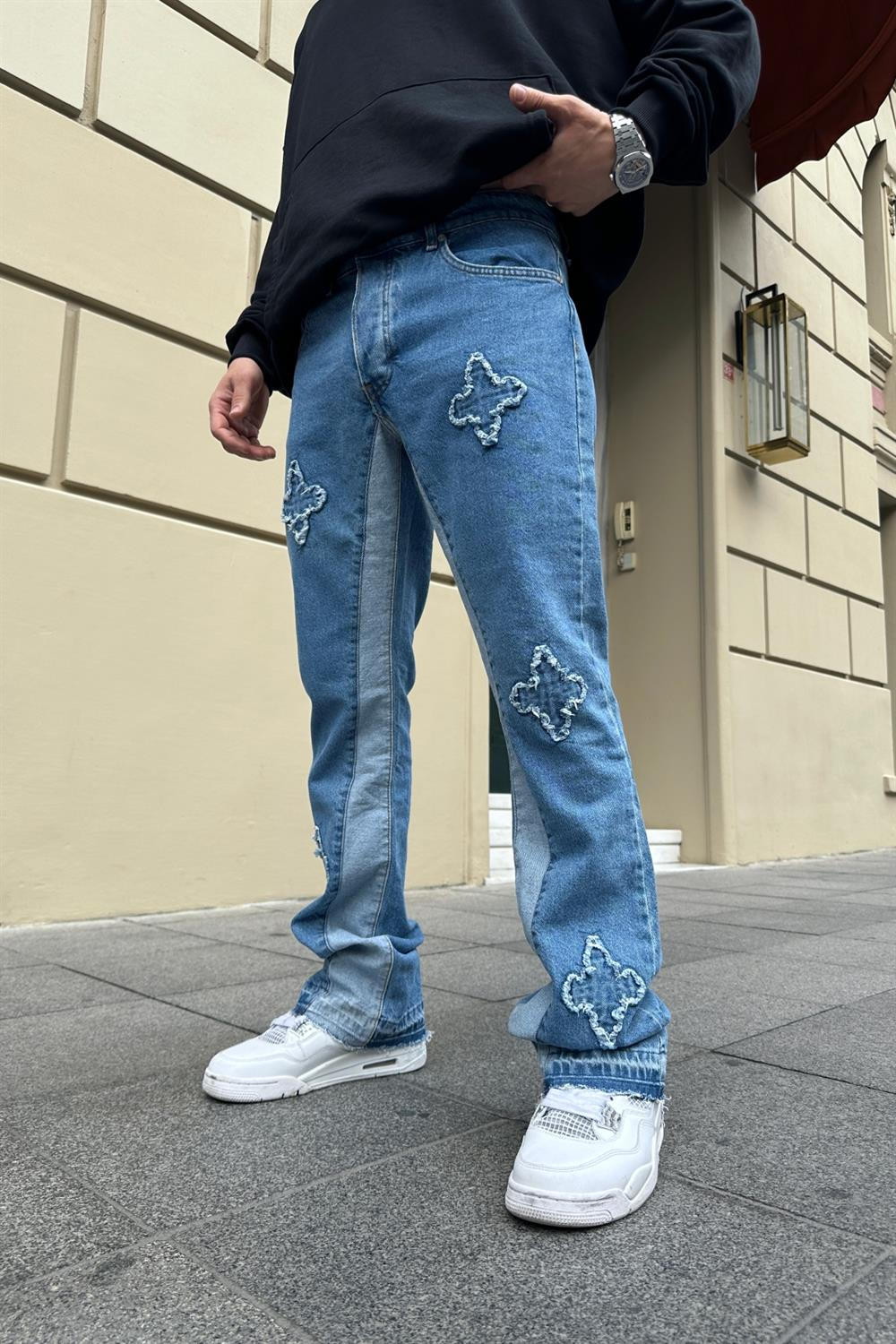 Şeritli Patch Detay Mavi Jean Pantolon P771