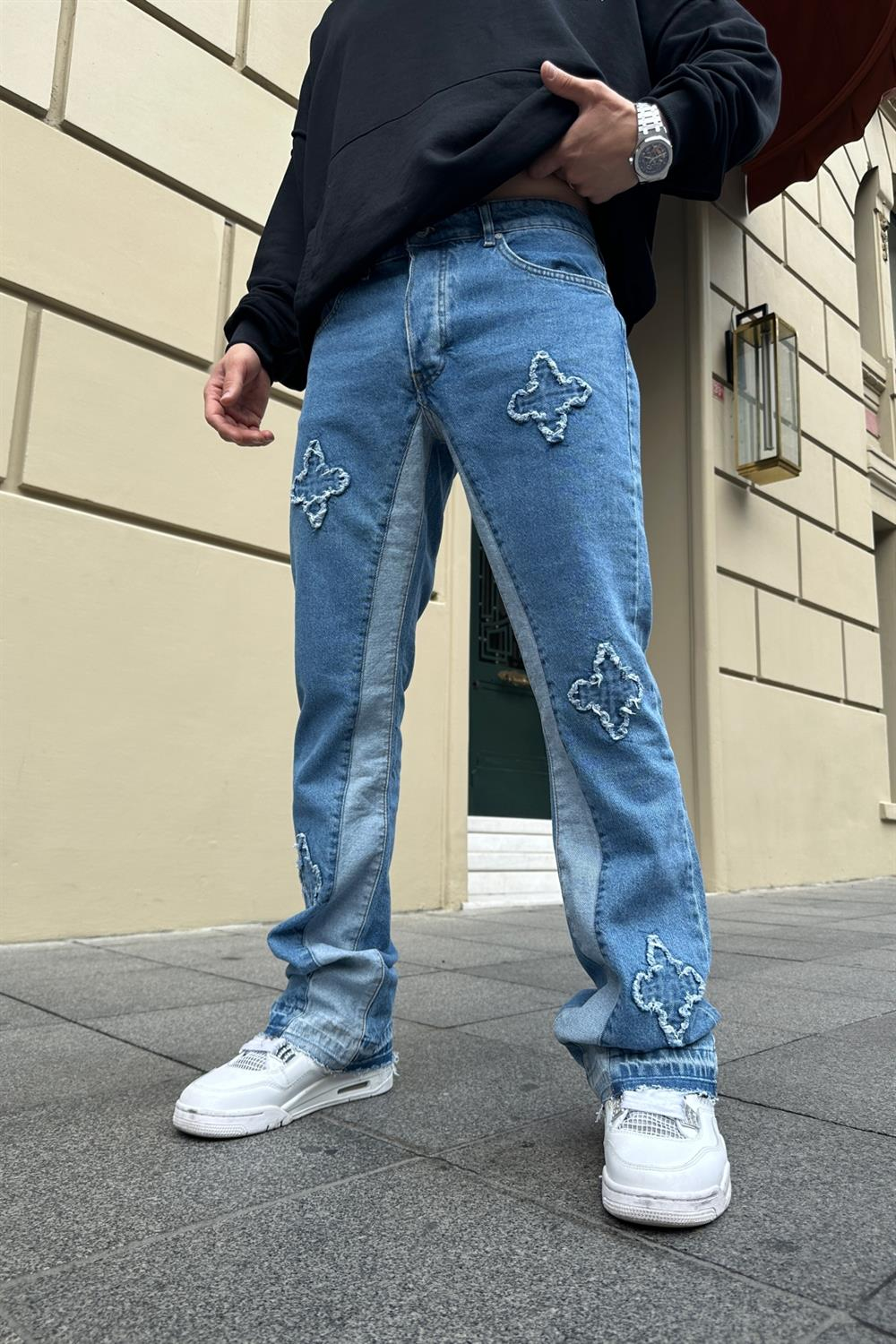Şeritli Patch Detay Mavi Jean Pantolon P771
