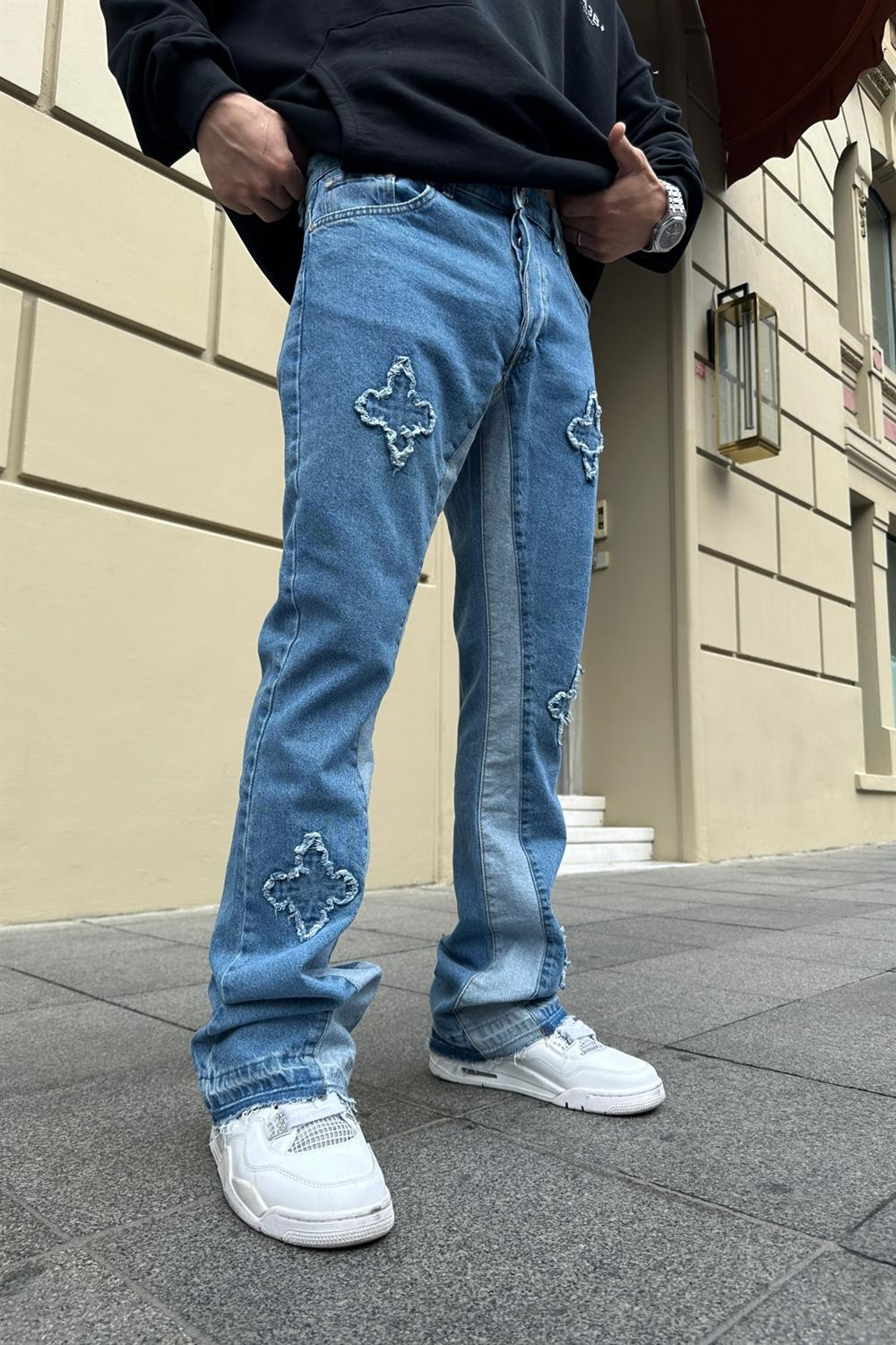 Şeritli Patch Detay Mavi Jean Pantolon P771