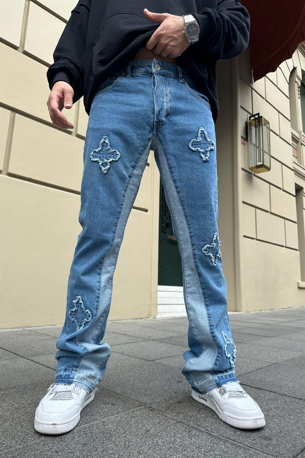 Şeritli Patch Detay Mavi Jean Pantolon P771
