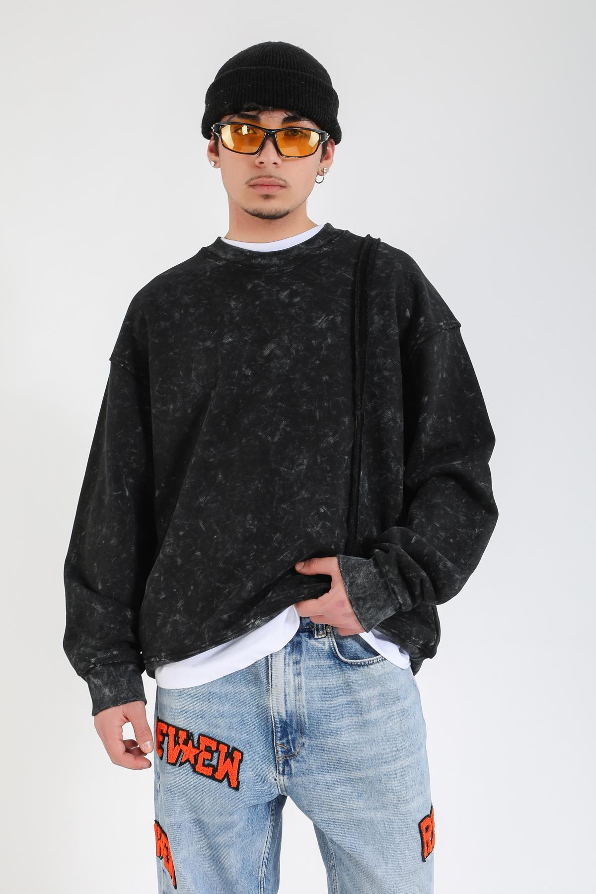 Şeritli Siyah Acid Wash Oversize Sweatshirt SW1407