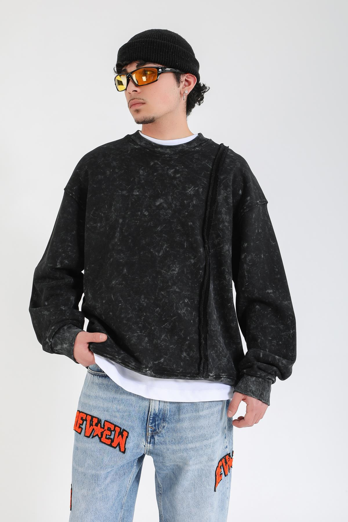 Şeritli Siyah Acid Wash Oversize Sweatshirt SW1407