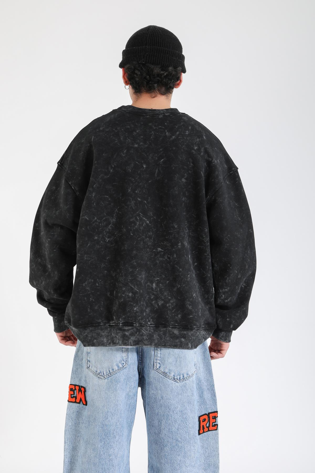 Şeritli Siyah Acid Wash Oversize Sweatshirt SW1407