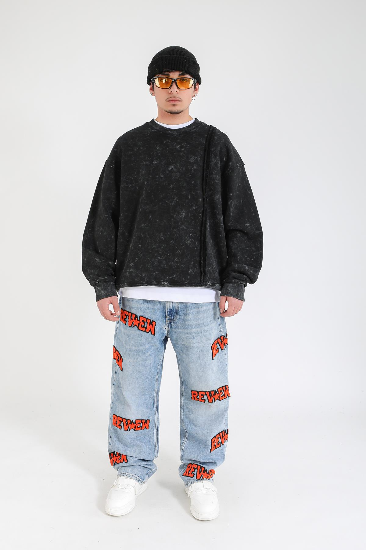 Şeritli Siyah Acid Wash Oversize Sweatshirt SW1407