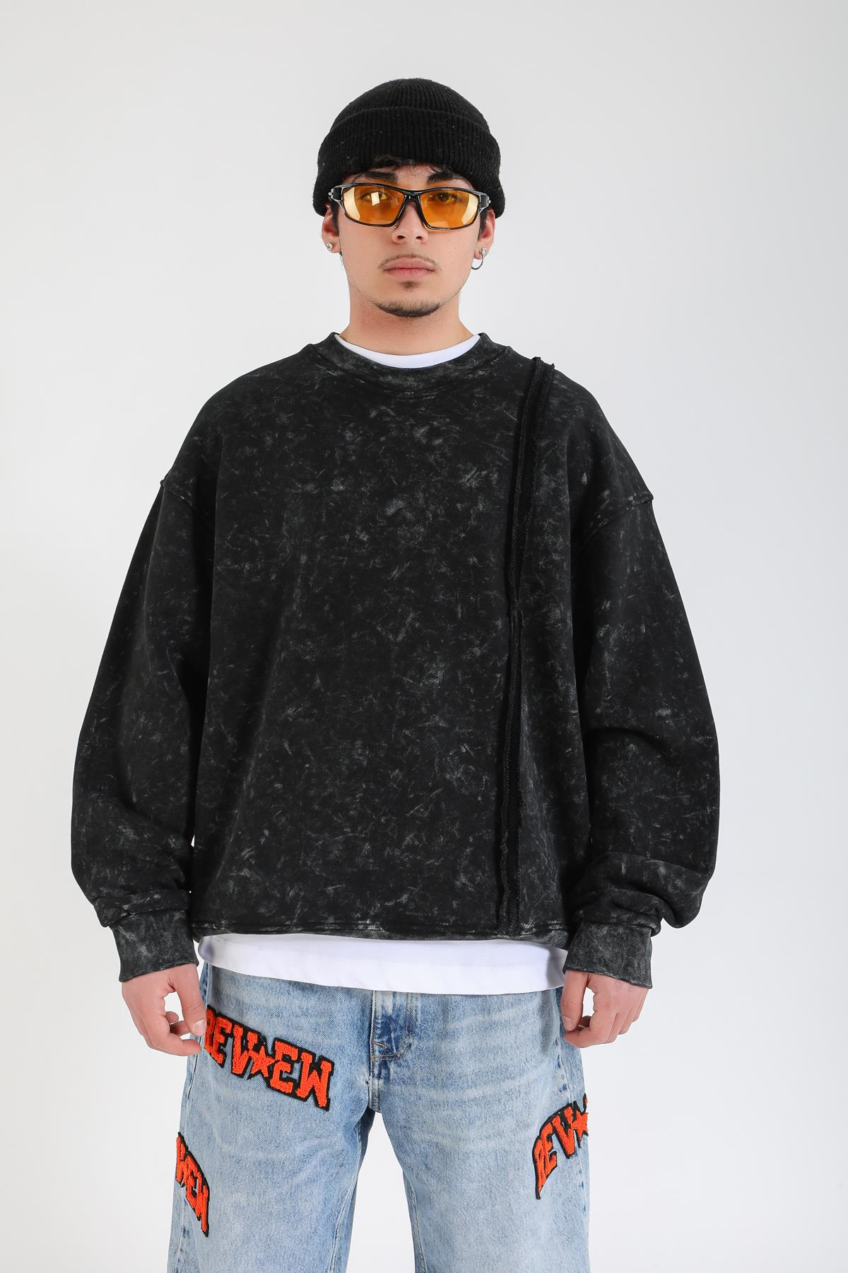 Şeritli Siyah Acid Wash Oversize Sweatshirt SW1407