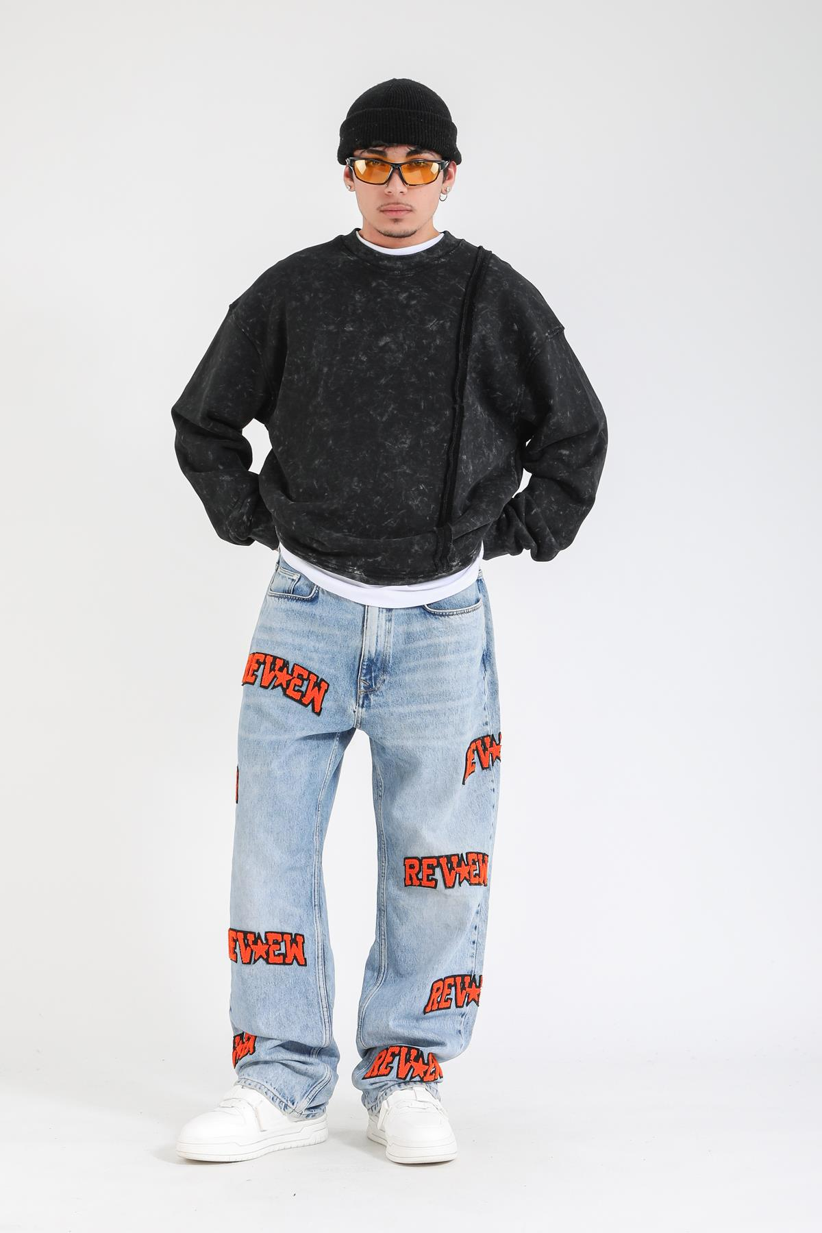 Şeritli Siyah Acid Wash Oversize Sweatshirt SW1407