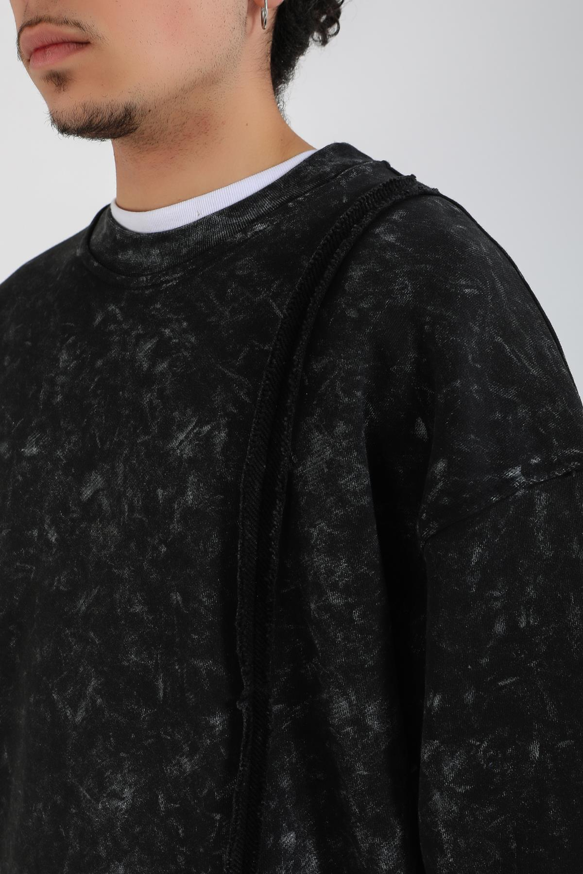 Şeritli Siyah Acid Wash Oversize Sweatshirt SW1407
