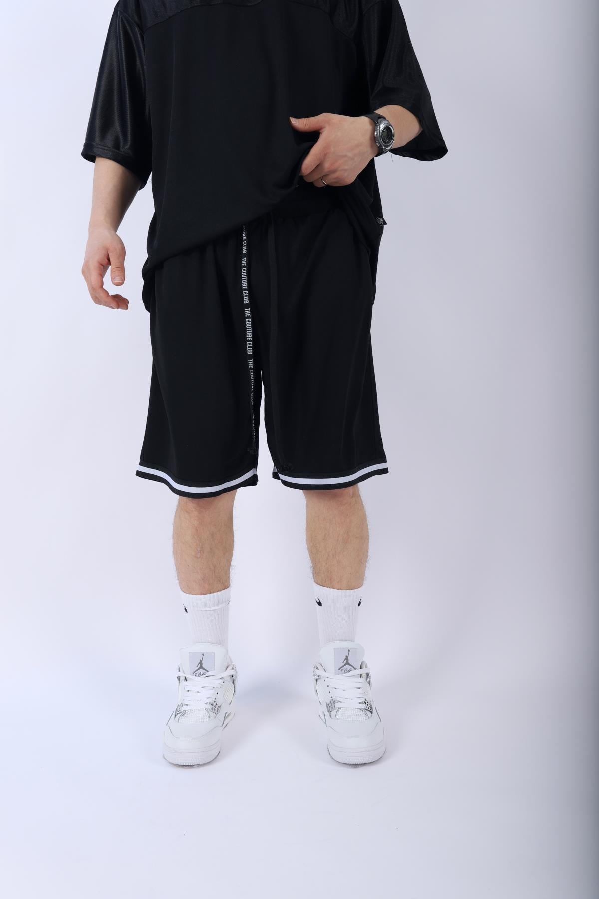 Şeritli Siyah Oversize Şort Tshirt Takım TKM139