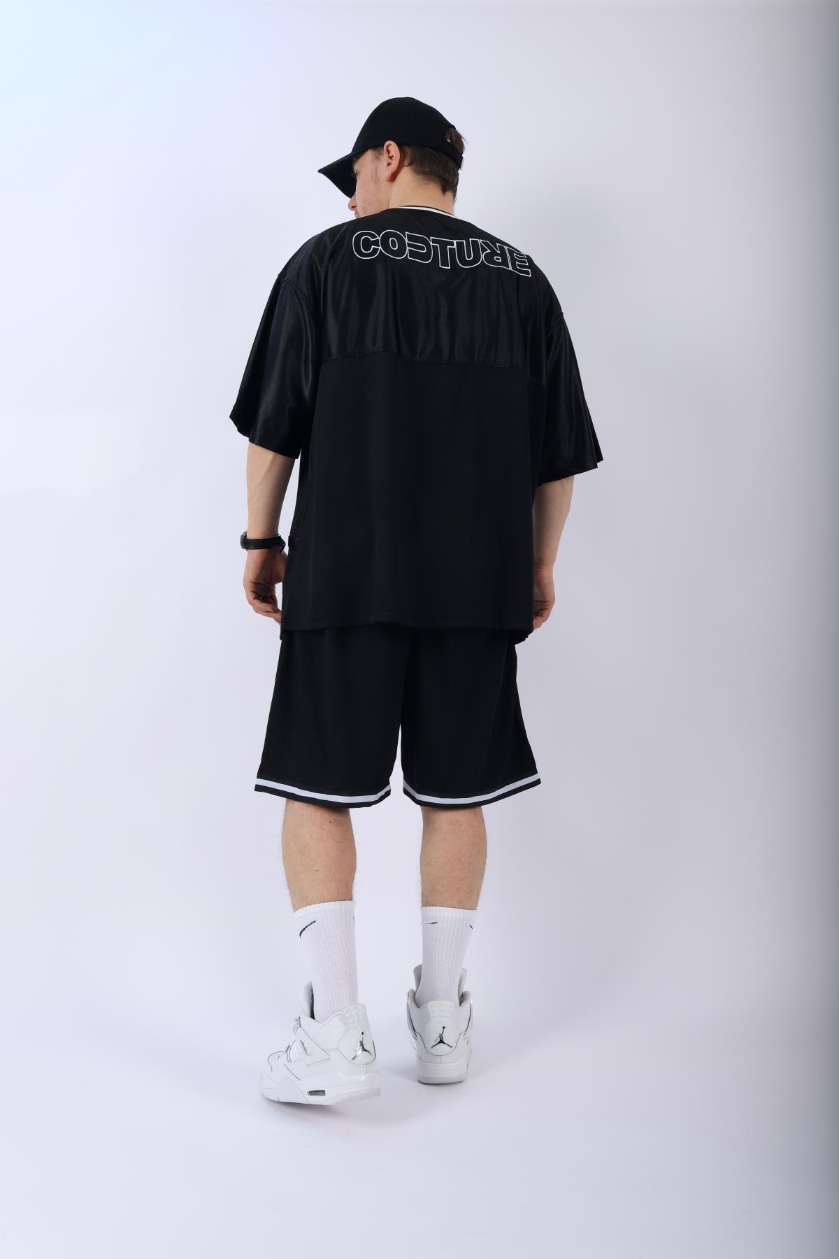 Şeritli Siyah Oversize Şort Tshirt Takım TKM139