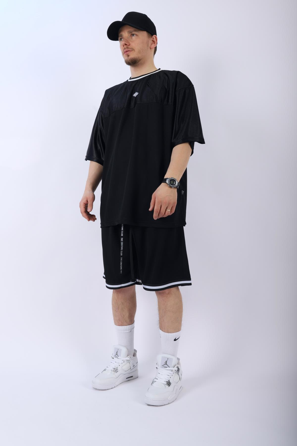 Şeritli Siyah Oversize Şort Tshirt Takım TKM139