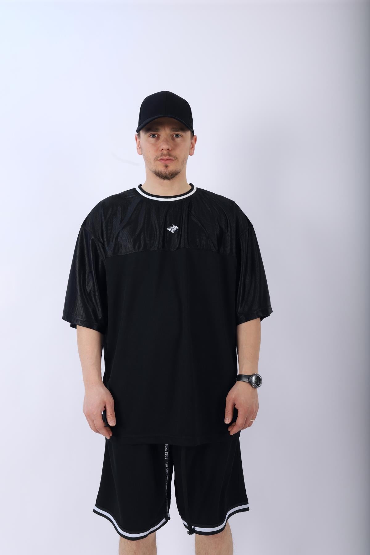 Şeritli Siyah Oversize Şort Tshirt Takım TKM139