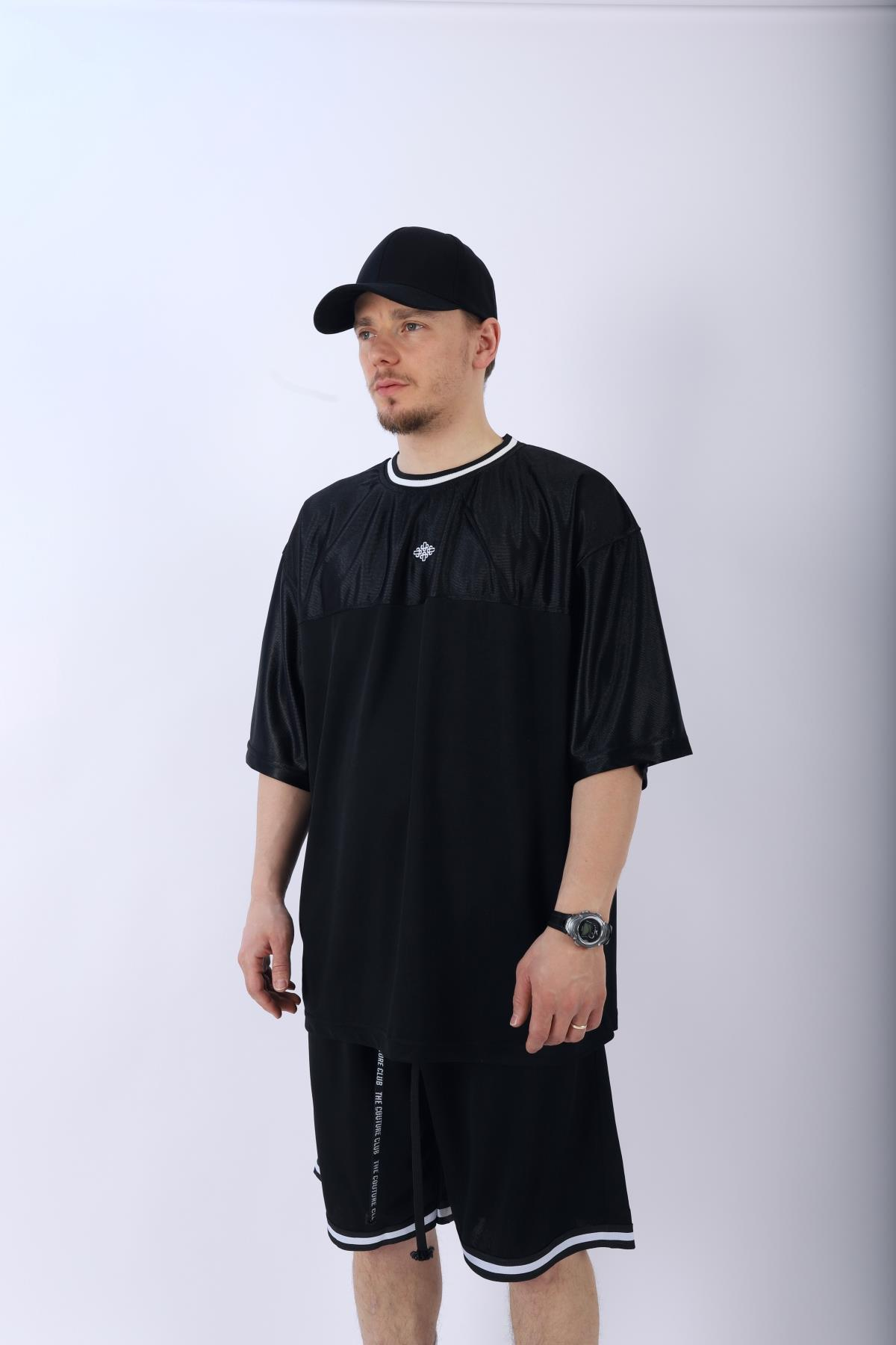 Şeritli Siyah Oversize Şort Tshirt Takım TKM139