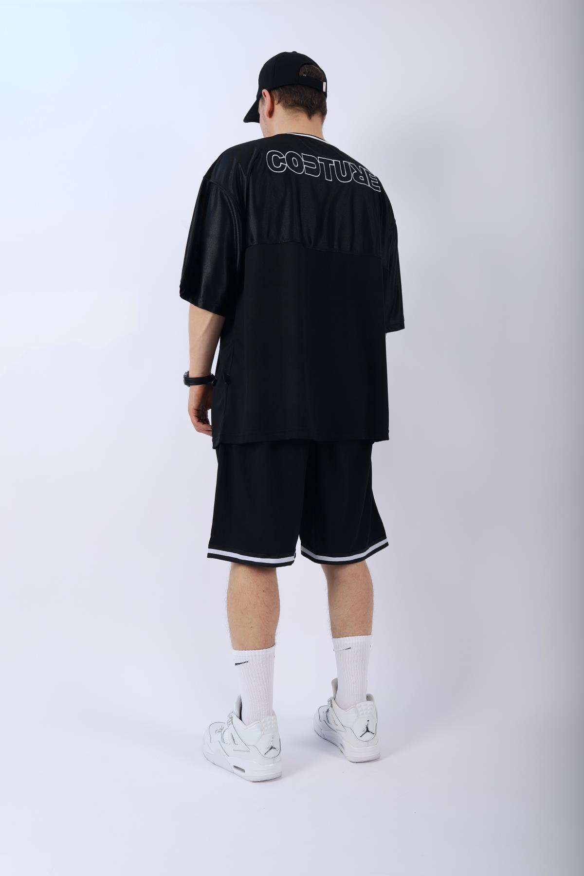 Şeritli Siyah Oversize Şort Tshirt Takım TKM139