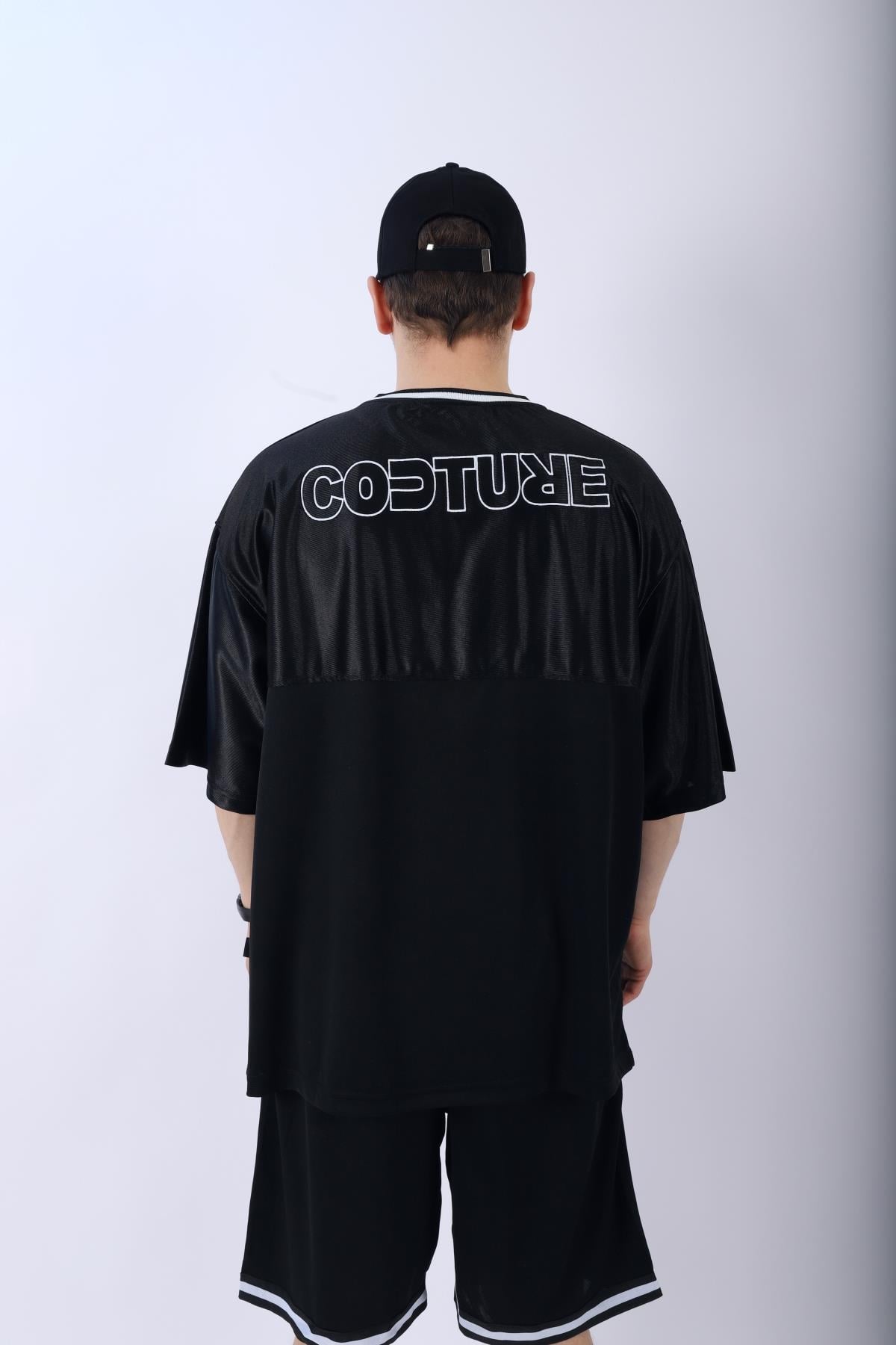Şeritli Siyah Oversize Şort Tshirt Takım TKM139