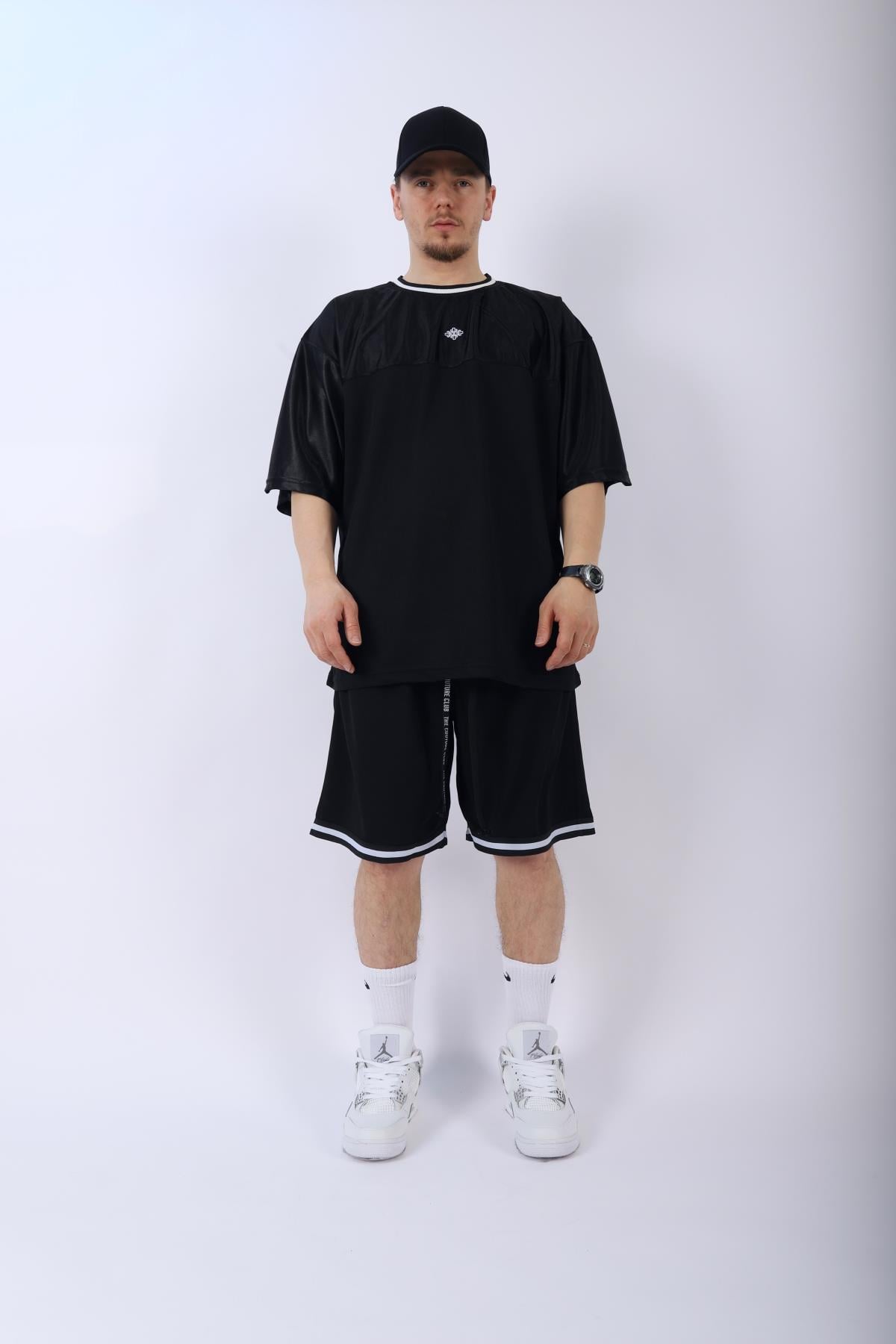 Şeritli Siyah Oversize Şort Tshirt Takım TKM139