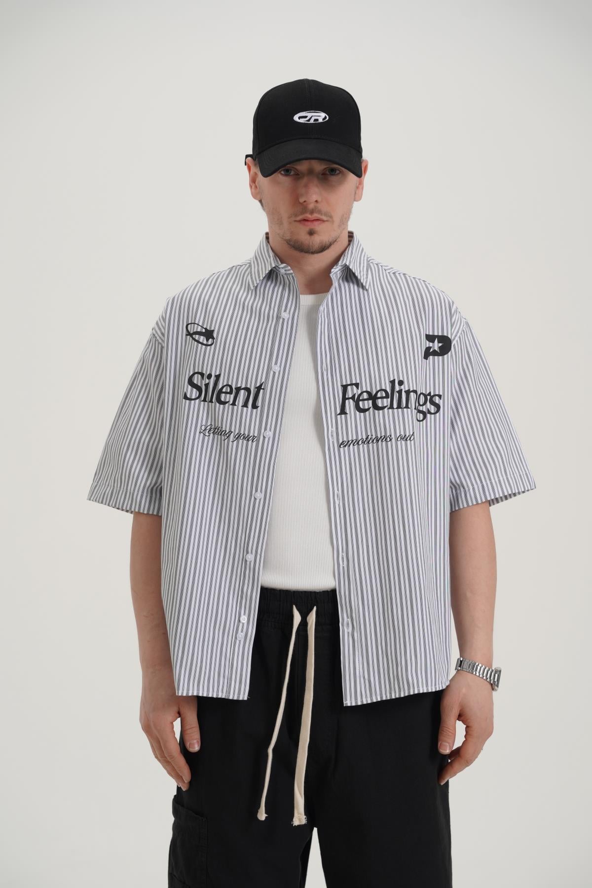 Silent Baskılı Siyah Oversize Gömlek PM01 26Y284