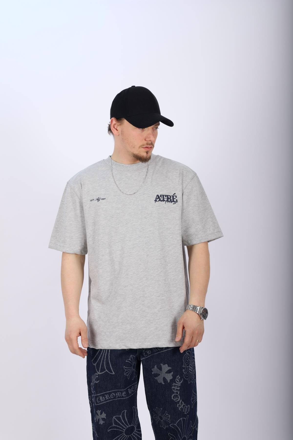 Sırt Baskılı Gri Oversize Tshirt T1015