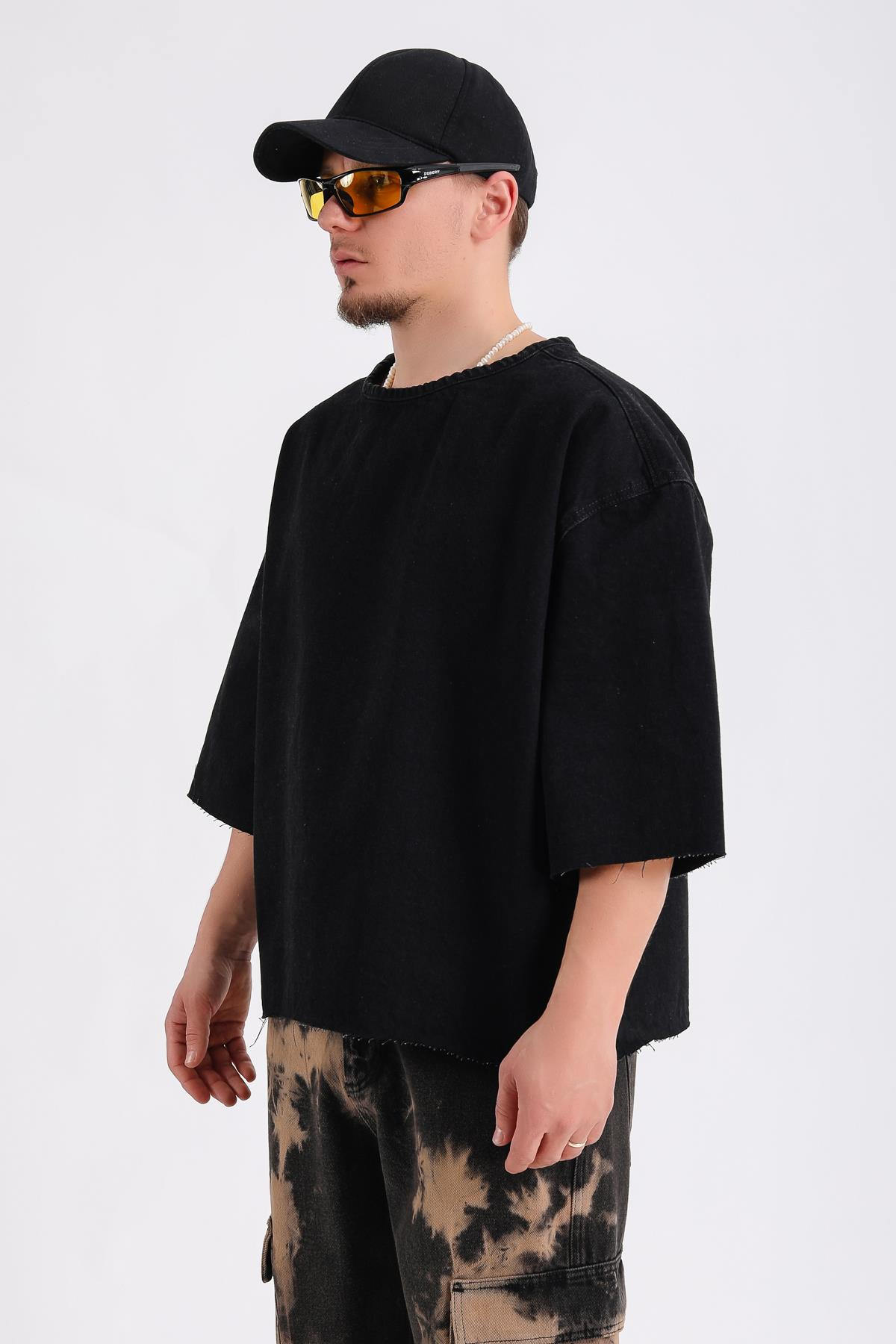Siyah Acid Wash Oversize Kesik Kol Detay Jean Tshirt SW1171