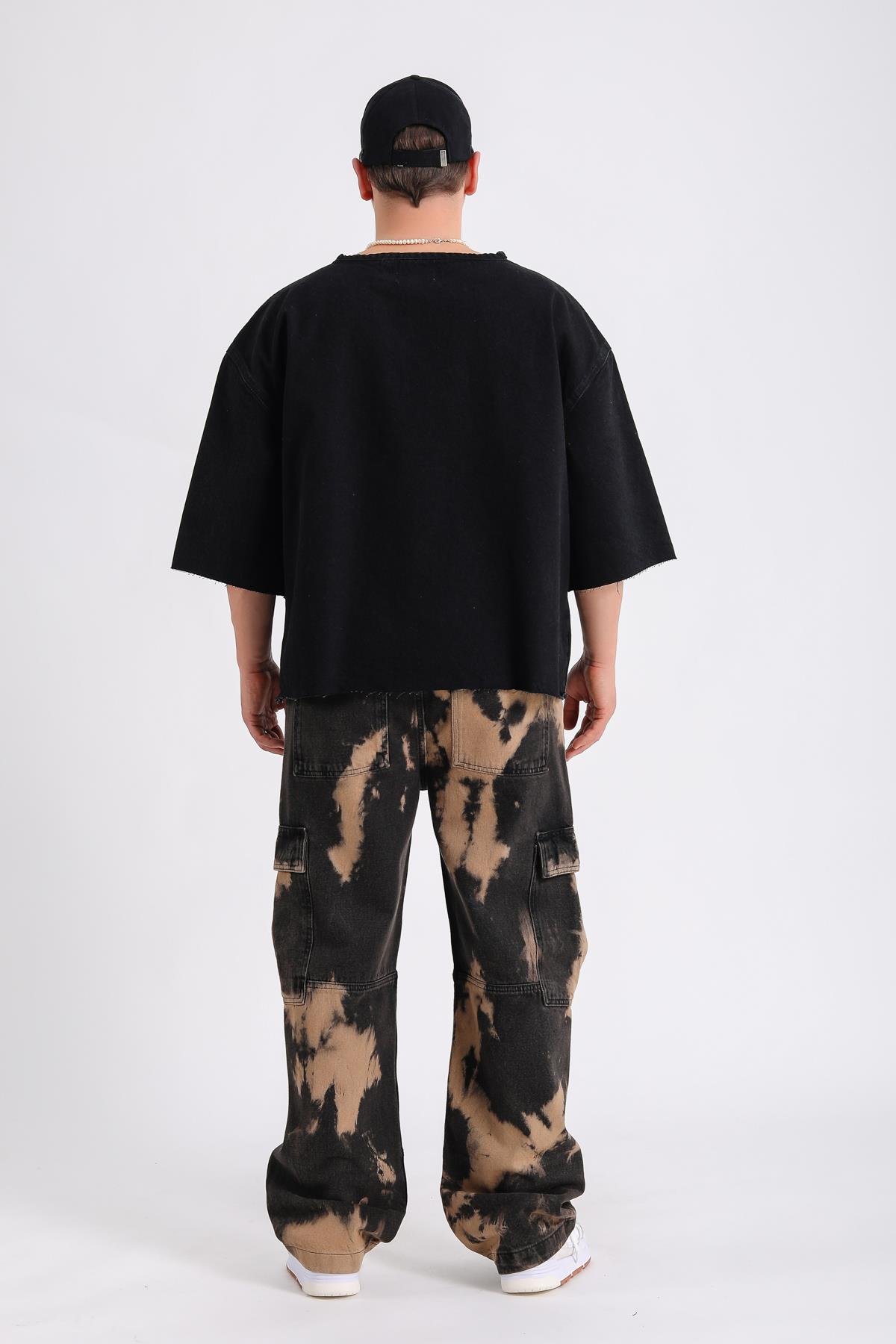 Siyah Acid Wash Oversize Kesik Kol Detay Jean Tshirt SW1171