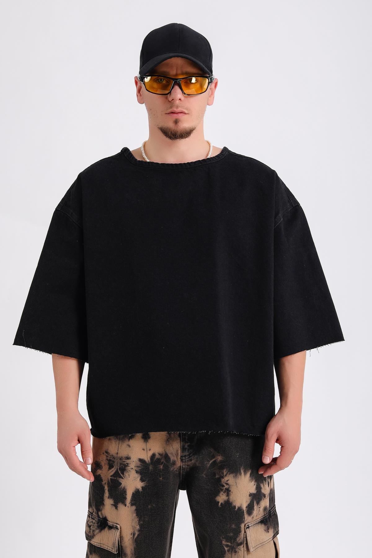 Siyah Acid Wash Oversize Kesik Kol Detay Jean Tshirt SW1171