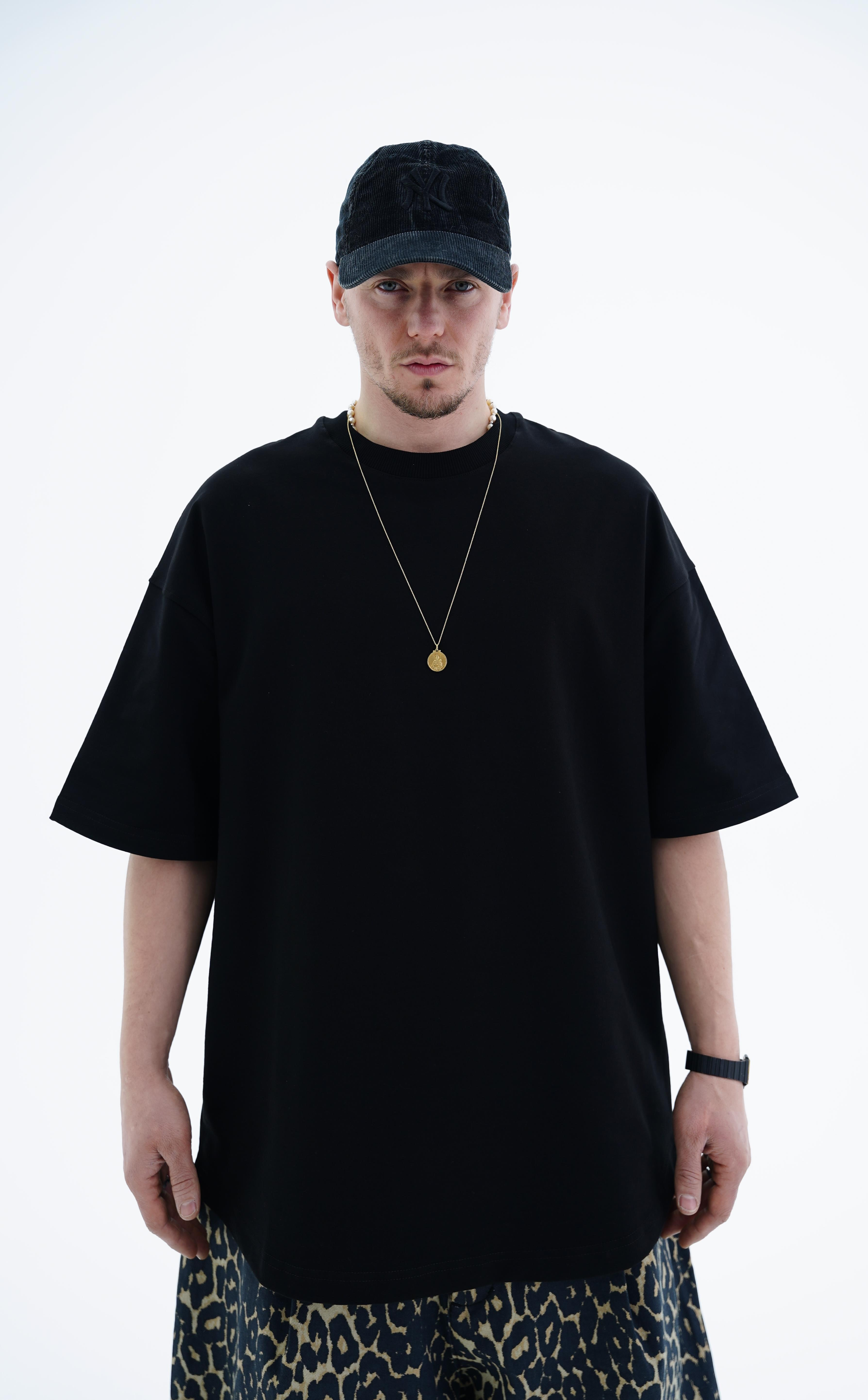 Siyah Basic Oversize Ribana Yaka Tshirt JC01 24Y363
