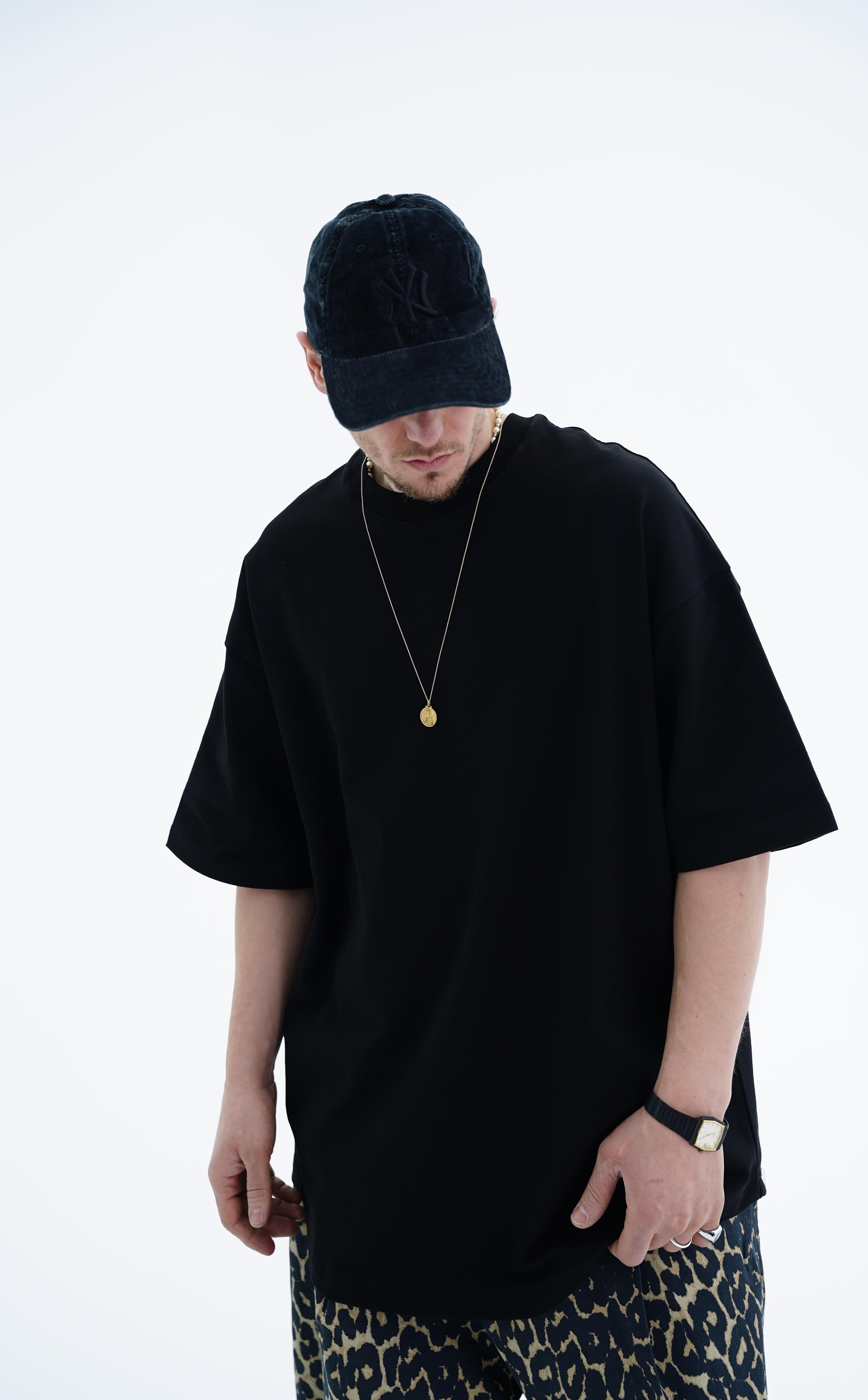 Siyah Basic Oversize Ribana Yaka Tshirt JC01 24Y363
