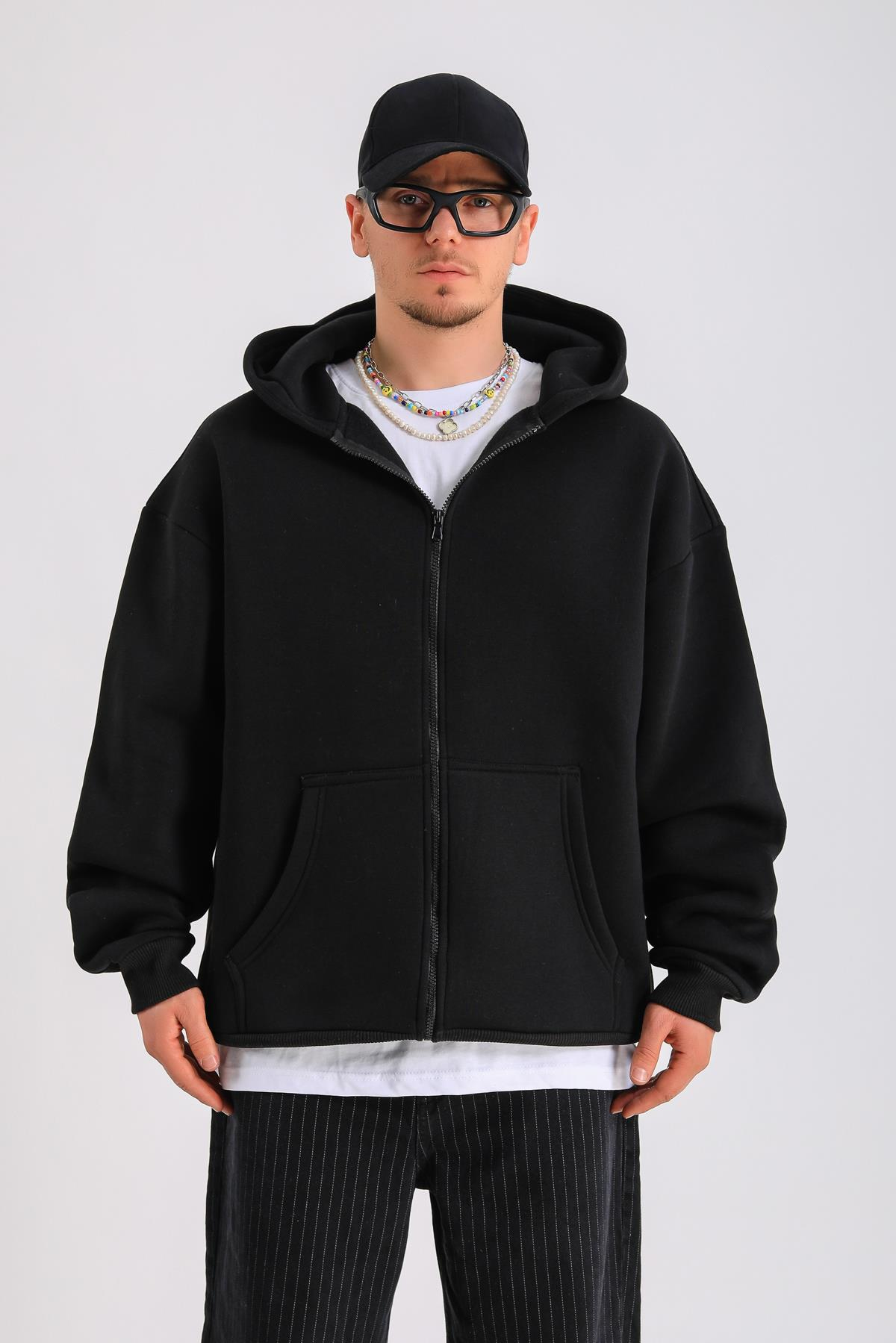 Siyah Basic Oversize Zipper Hoodie SW1286