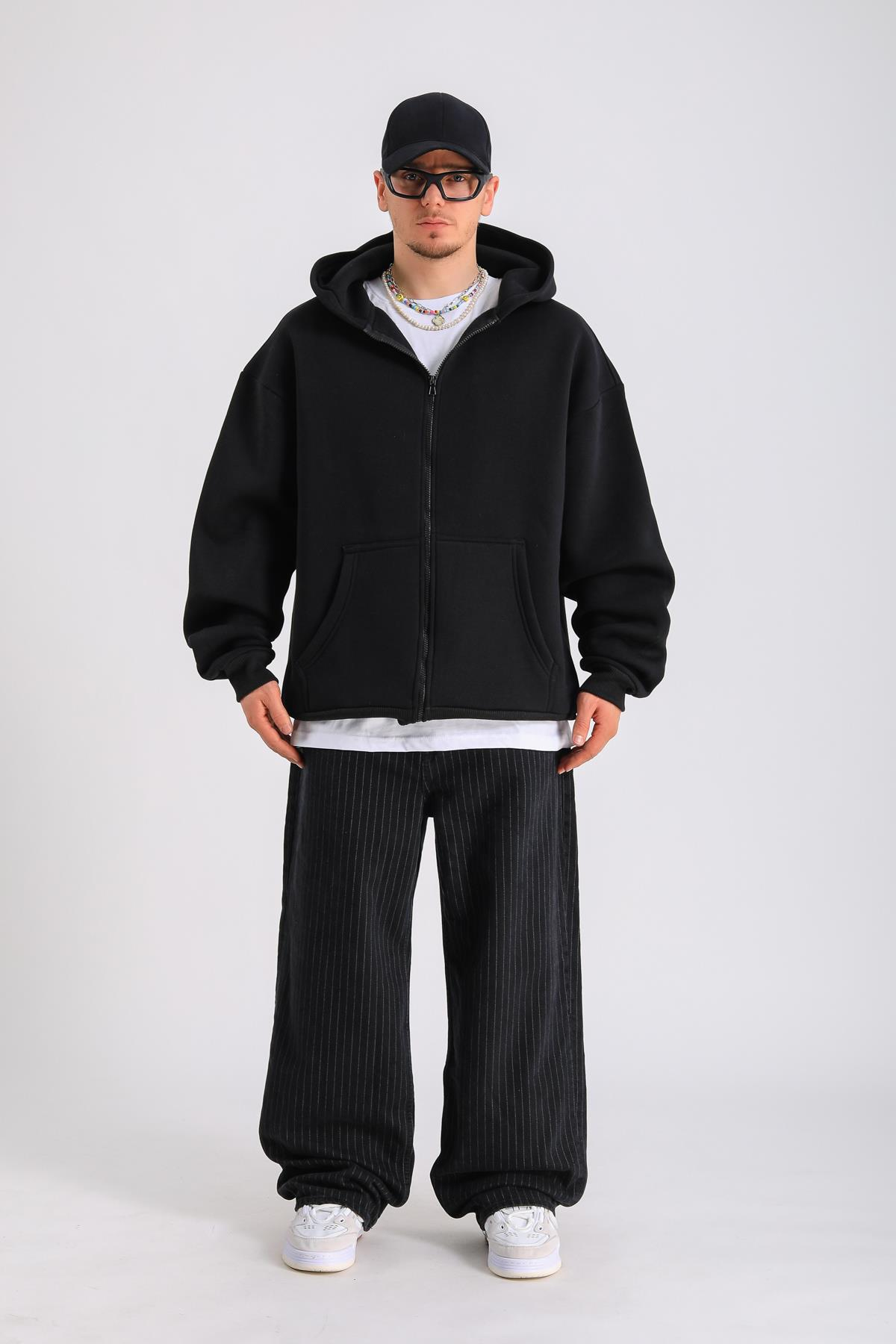 Siyah Basic Oversize Zipper Hoodie SW1286