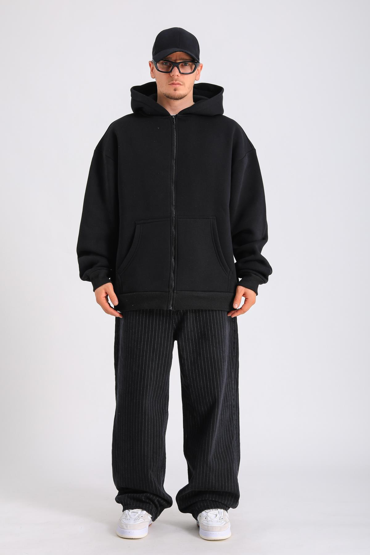 Siyah Basic Oversize Zipper Hoodie SW1286