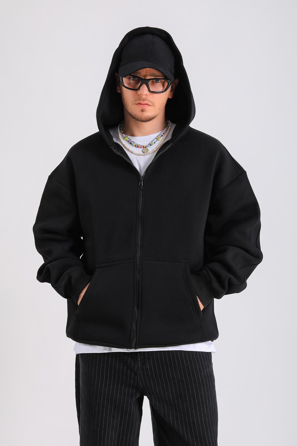 Siyah Basic Oversize Zipper Hoodie SW1286