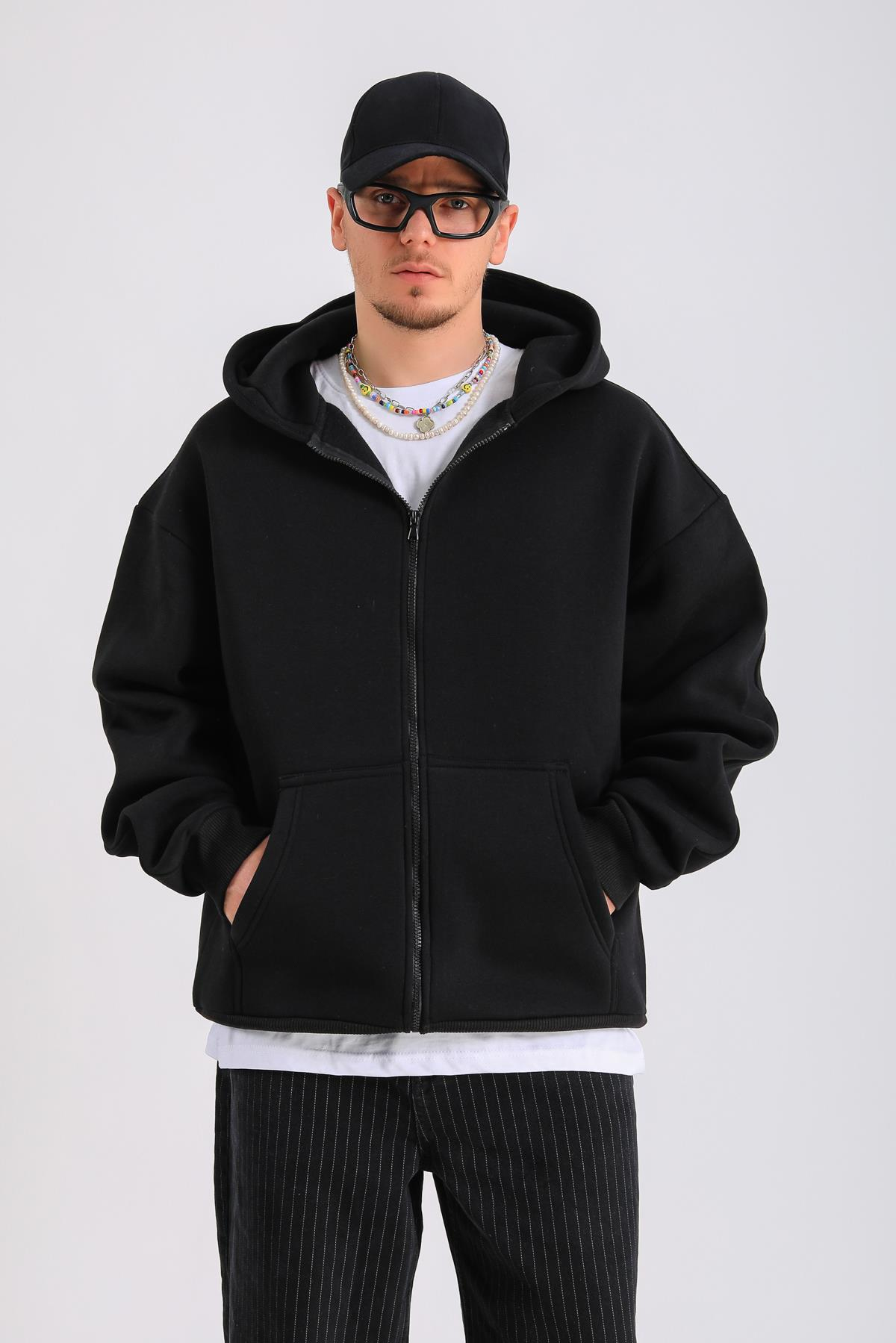 Siyah Basic Oversize Zipper Hoodie SW1286