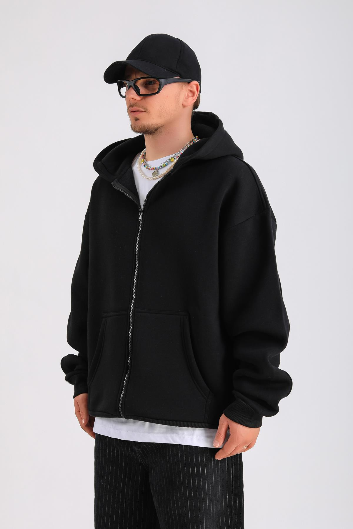 Siyah Basic Oversize Zipper Hoodie SW1286