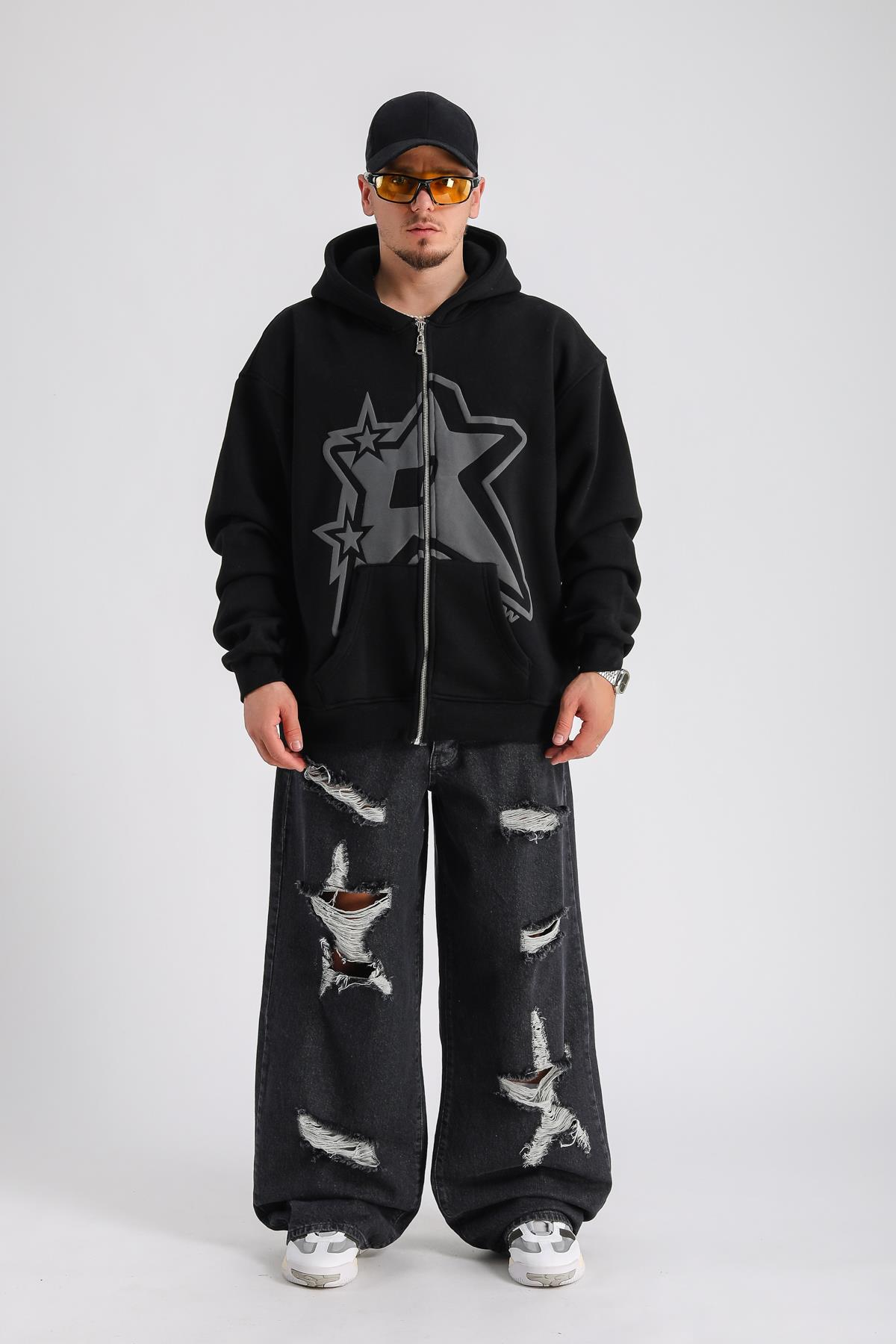 Siyah Baskılı Oversize Rv Zipper Sweatshirt SW1152