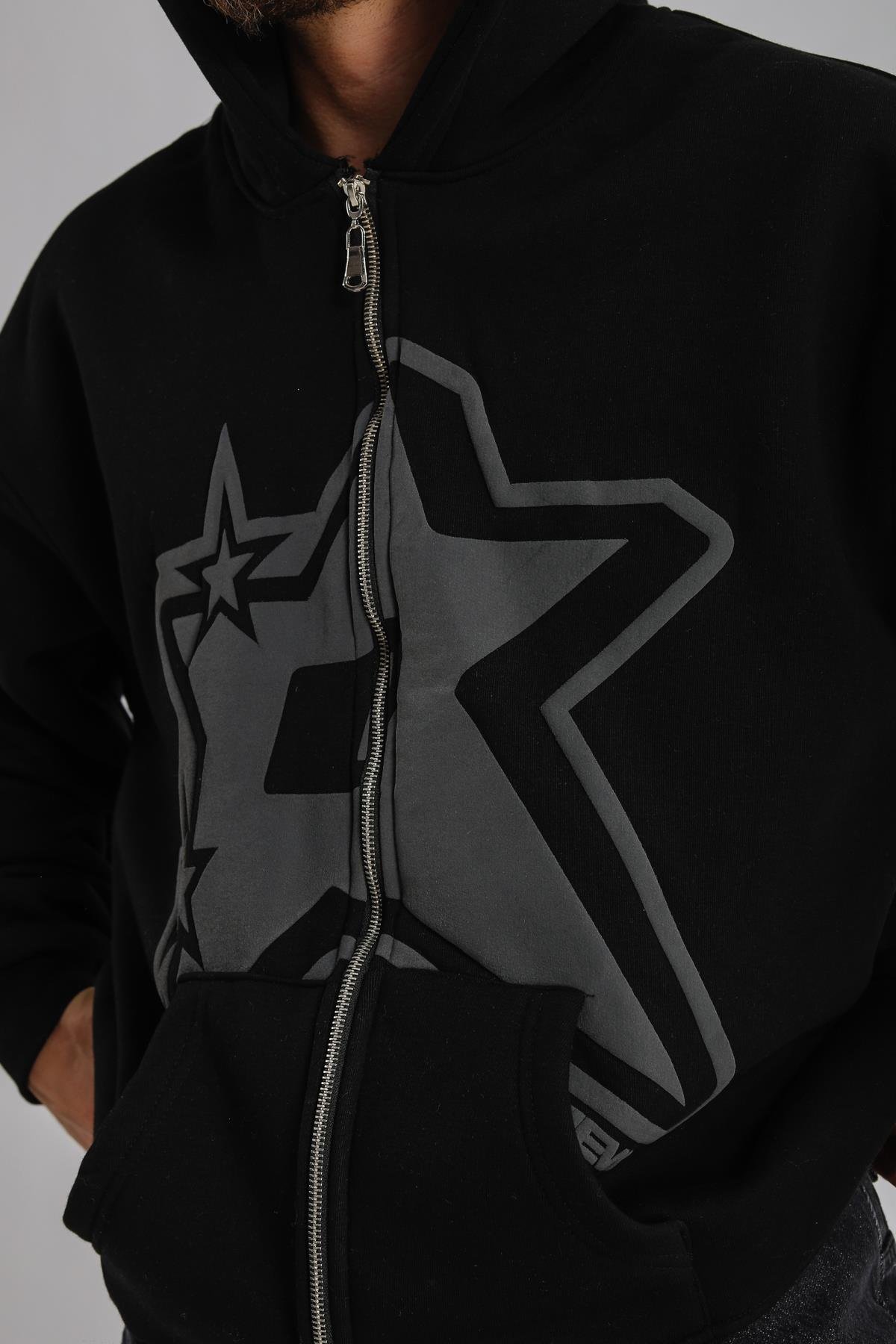 Siyah Baskılı Oversize Rv Zipper Sweatshirt SW1152