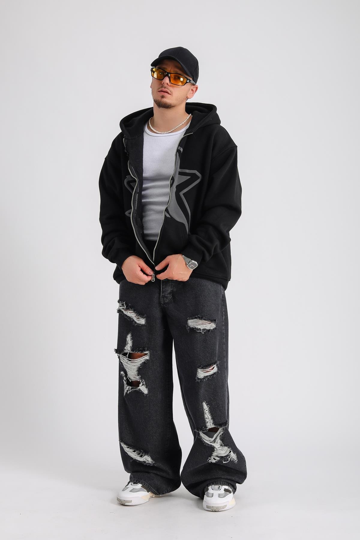 Siyah Baskılı Oversize Rv Zipper Sweatshirt SW1152