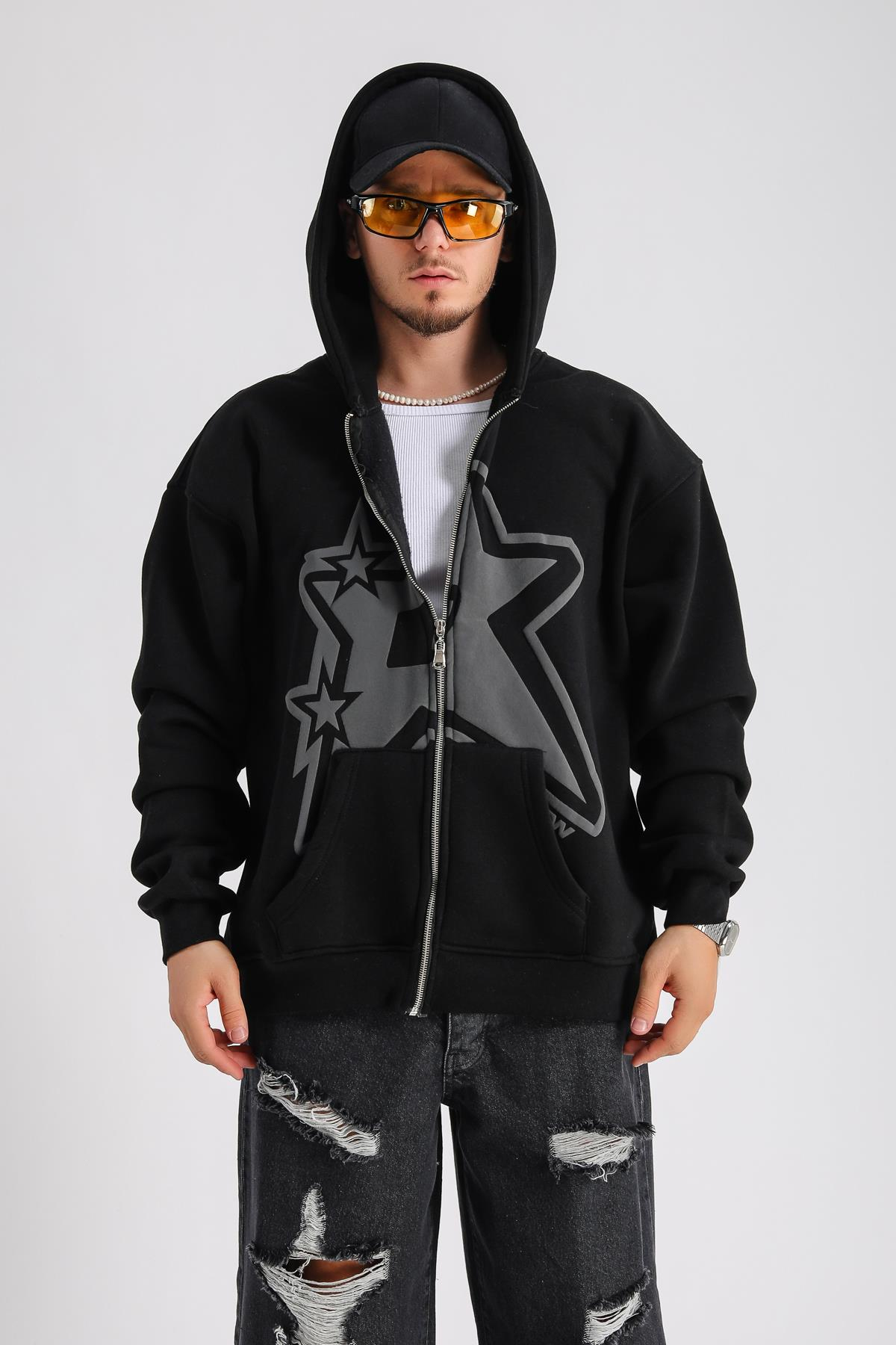 Siyah Baskılı Oversize Rv Zipper Sweatshirt SW1152