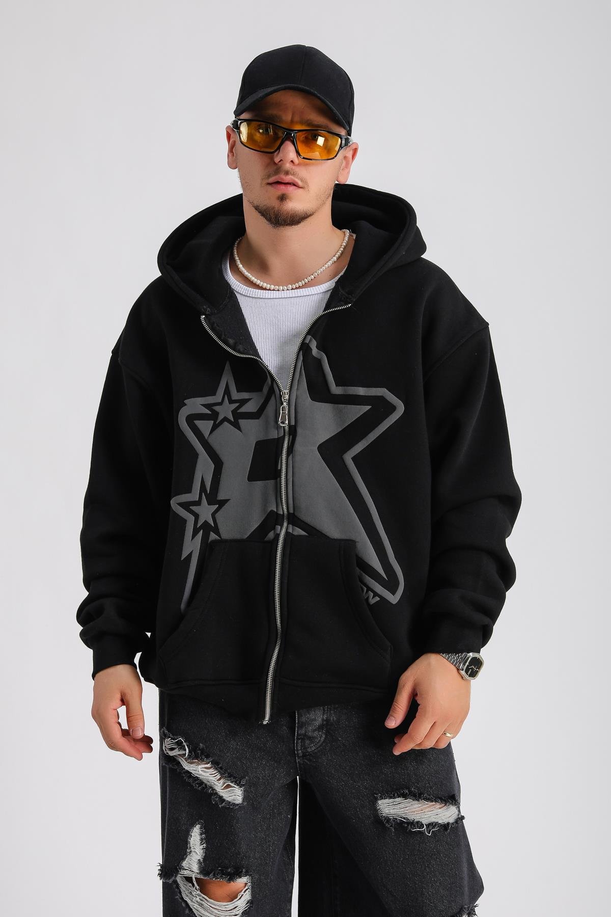 Siyah Baskılı Oversize Rv Zipper Sweatshirt SW1152