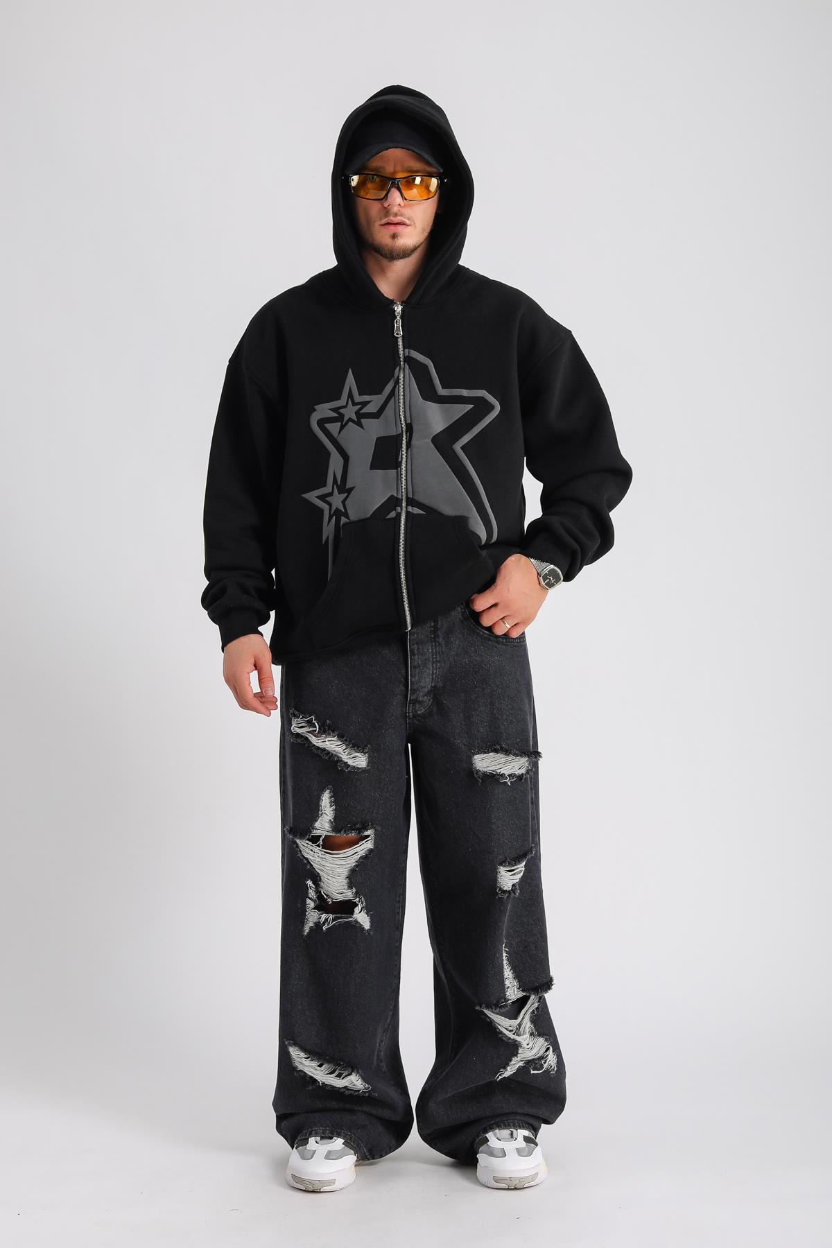 Siyah Baskılı Oversize Rv Zipper Sweatshirt SW1152