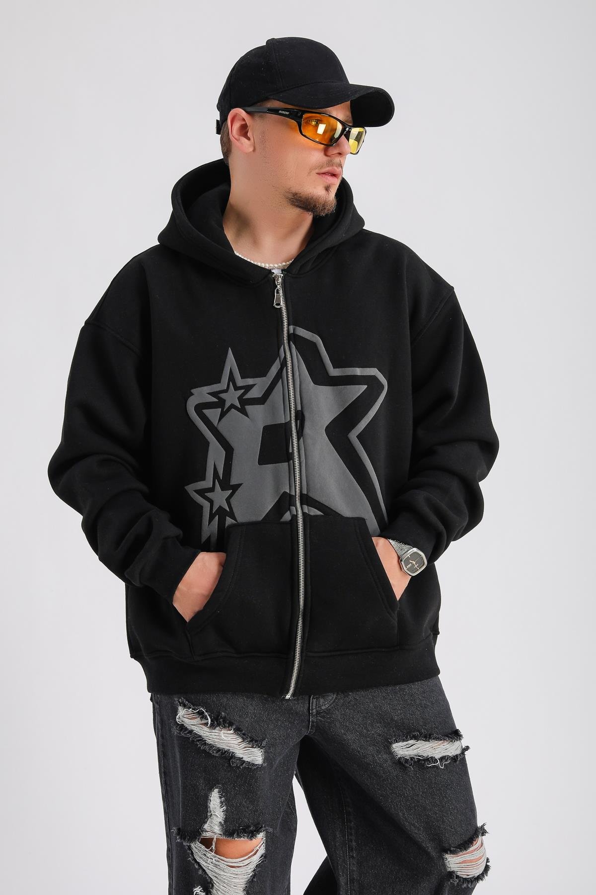Siyah Baskılı Oversize Rv Zipper Sweatshirt SW1152