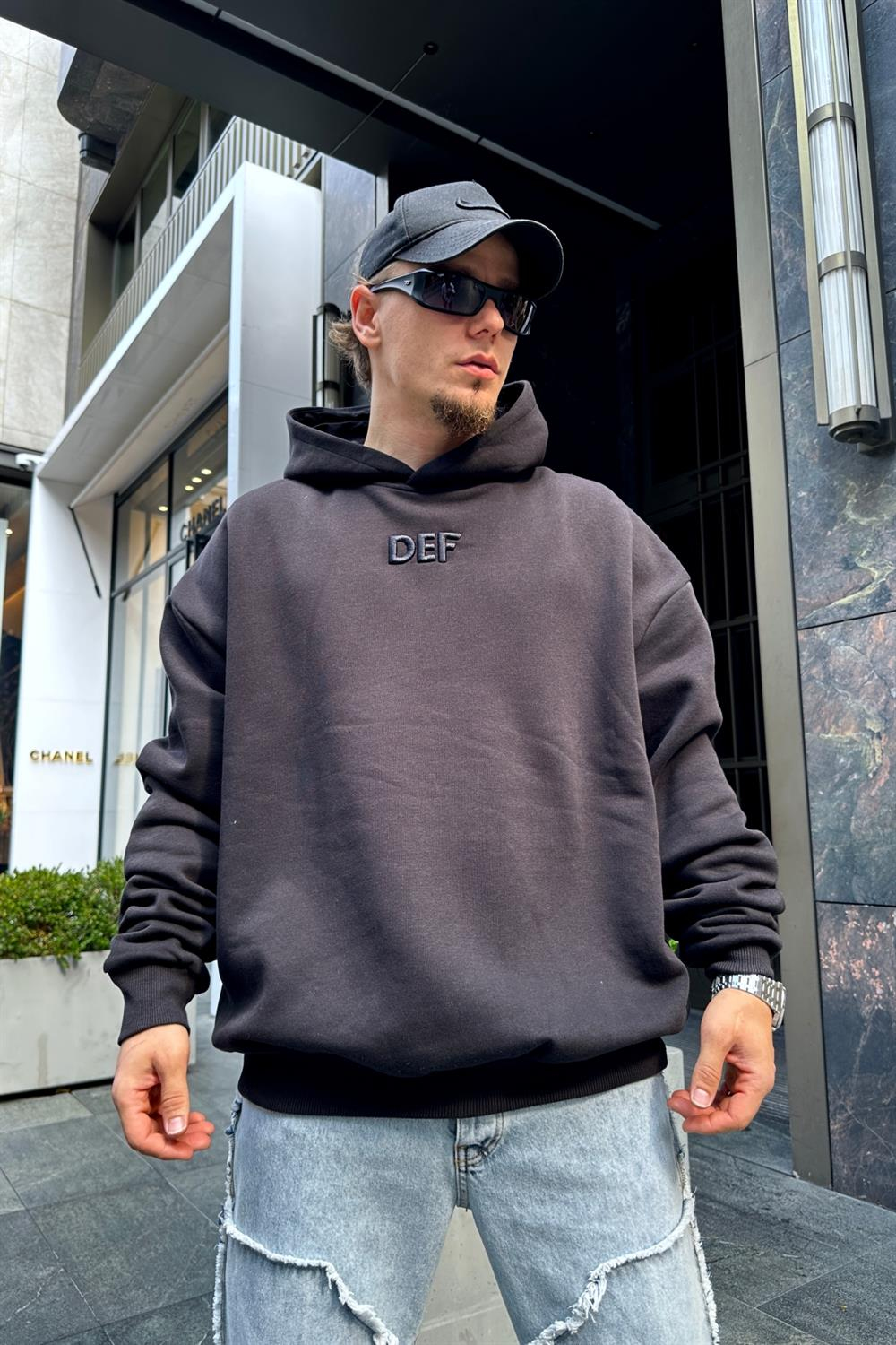 Siyah Def Nakışlı Oversize Sweatshirt SW908