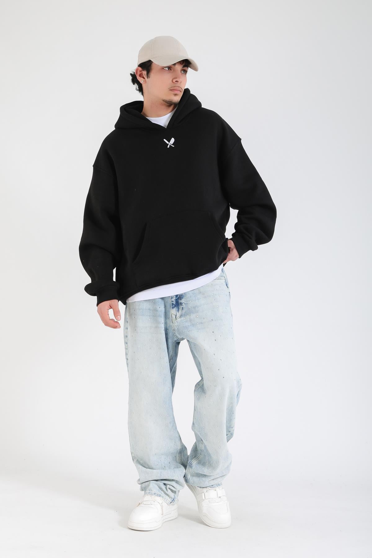 Siyah Graffiti Baskılı Oversize Hoodie SW1401