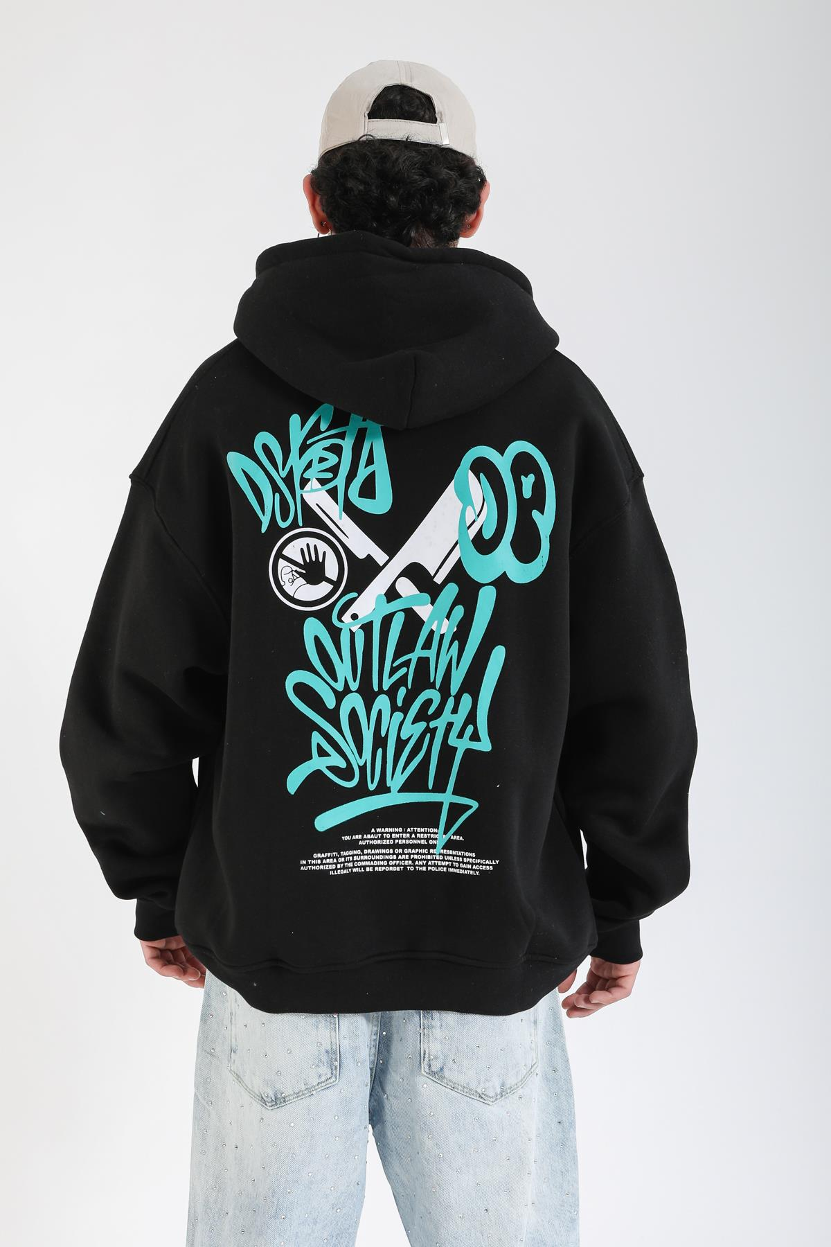 Siyah Graffiti Baskılı Oversize Hoodie SW1401