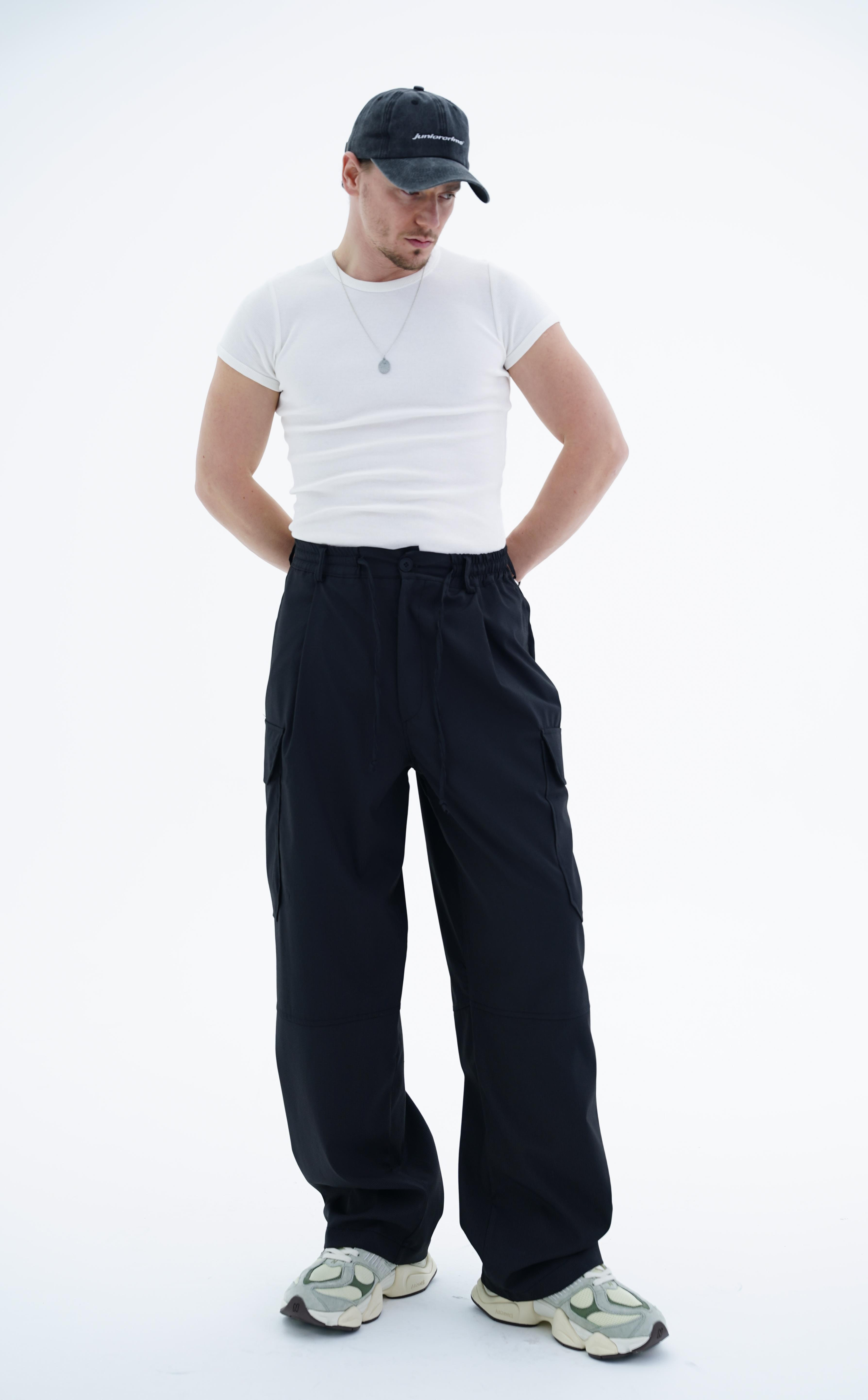 Siyah Kargo Cep Baggy Kumaş Pantolon KN4602