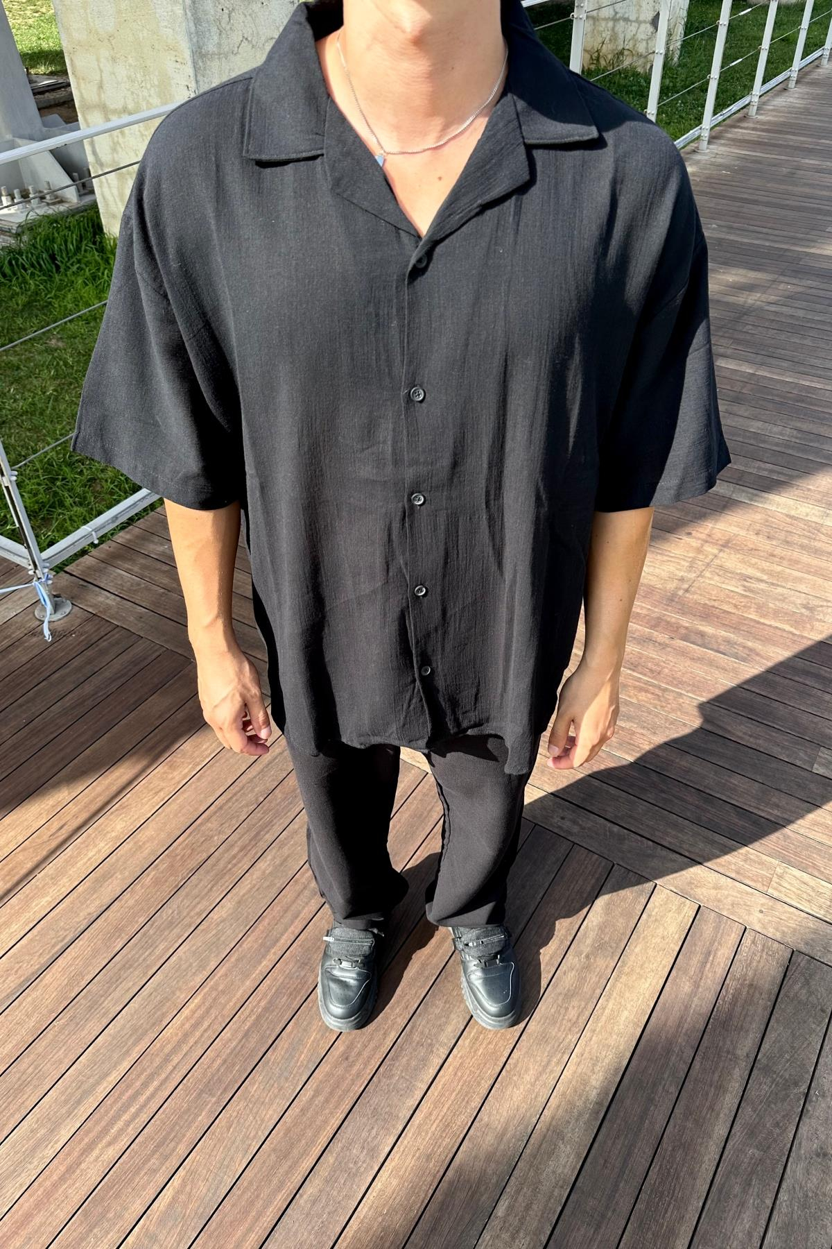 Siyah Kısa Kol Oversize Gömlek G145
